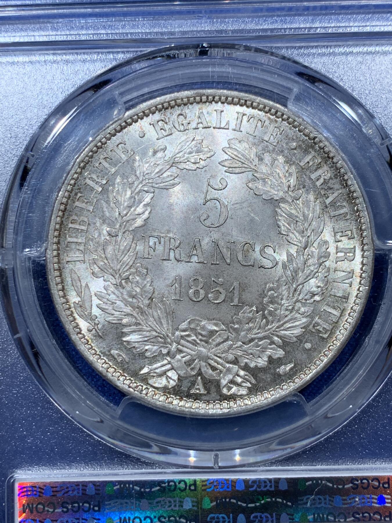 《竞宝斋》第341场 周日，周一，2场连拍 （全场包邮） PCGS MS64 法国 法兰西第二共和国1851年谷物女神5法郎 底板很好，可惜人像面包浆不佳，仅拿到64分