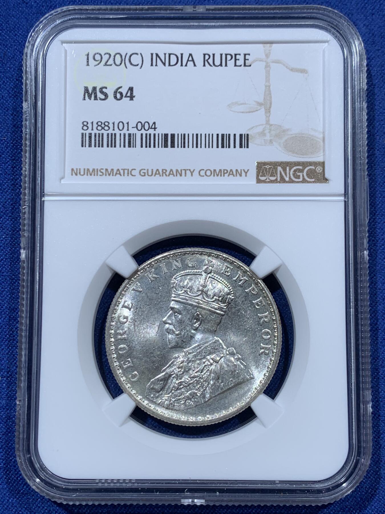 《竞宝斋》第341场 周日，周一，2场连拍 （全场包邮） NGC MS64 英属印度1920年1卢比银币C版 乔治五世 卢比能上64都不容易 值得收藏