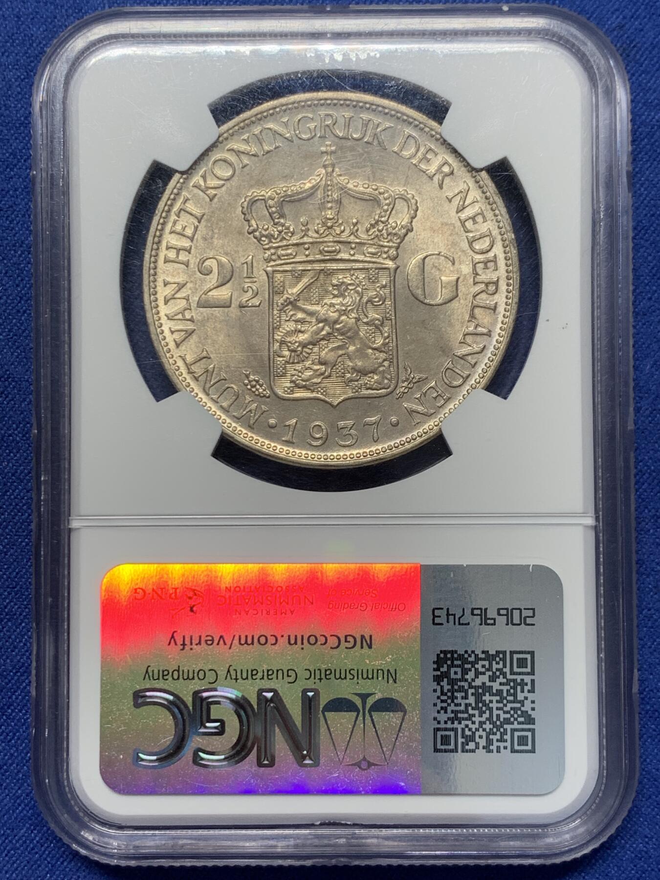 《竞宝斋》第341场 周日，周一，2场连拍 （全场包邮） NGC MS61 荷兰 1937年 2.5荷兰盾 威廉敏娜 银币 欧洲灰色包浆
