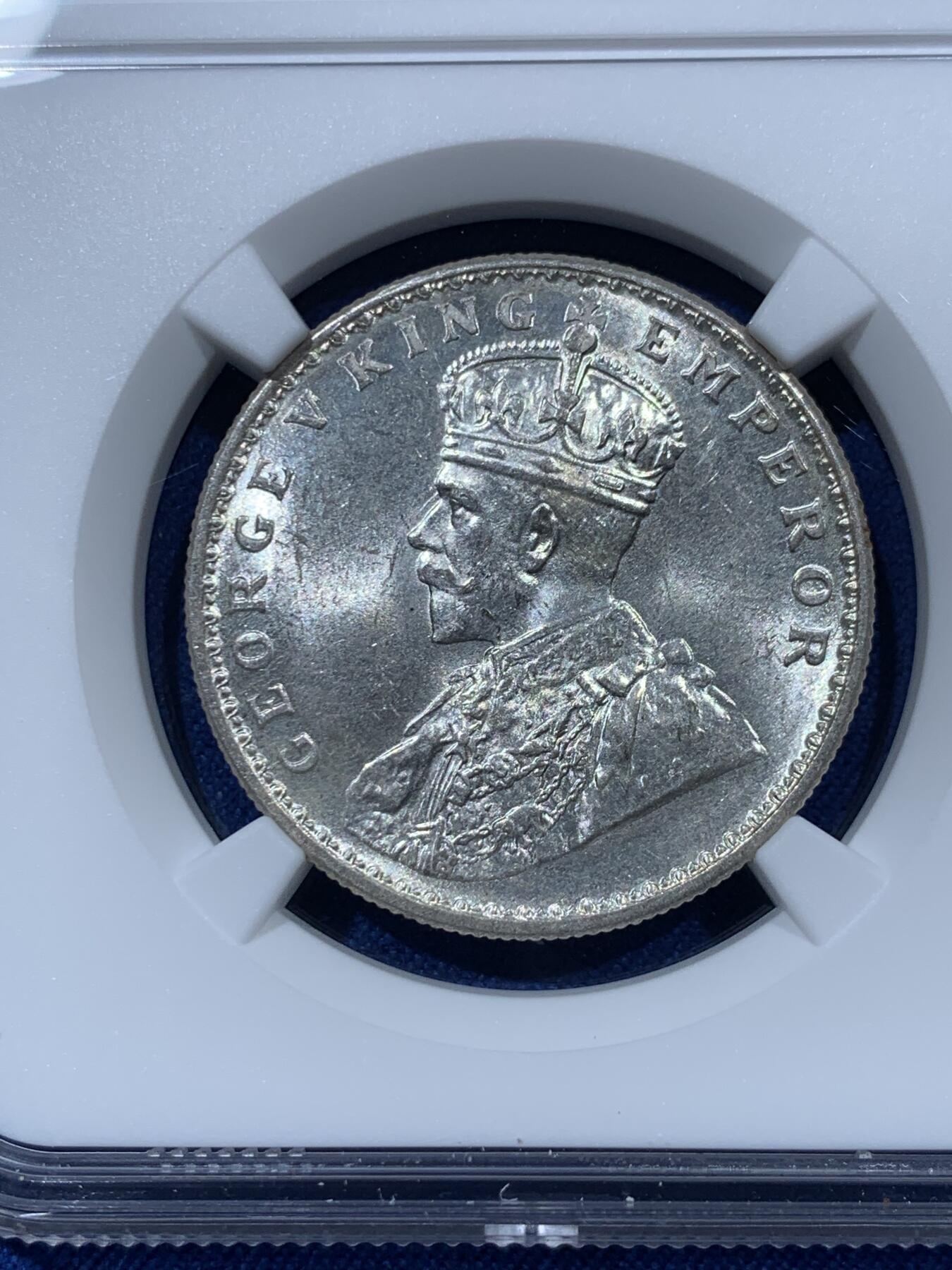 《竞宝斋》第341场 周日，周一，2场连拍 （全场包邮） NGC MS64 英属印度1920年1卢比银币C版 乔治五世 卢比能上64都不容易 值得收藏