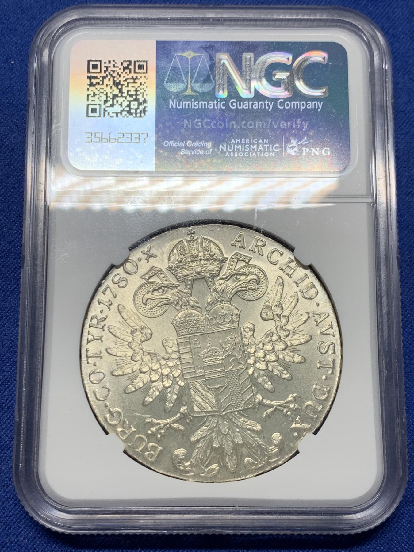 《竞宝斋》第341场 周日，周一，2场连拍 （全场包邮） NGC MS64 奥匈帝国奥地利1780年女王大奶妈1泰勒官方后铸版银币，原汁原味老包浆，包浆醇厚，状态极佳。