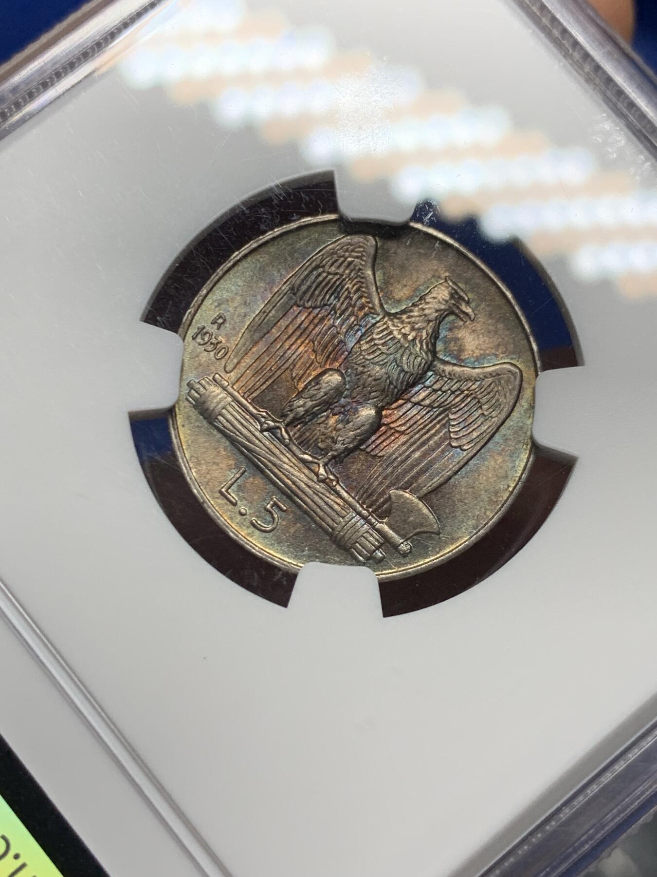 《竞宝斋》第341场 周日，周一，2场连拍 （全场包邮） NGC MS63 意大利1930立鹰5里拉 常见白币