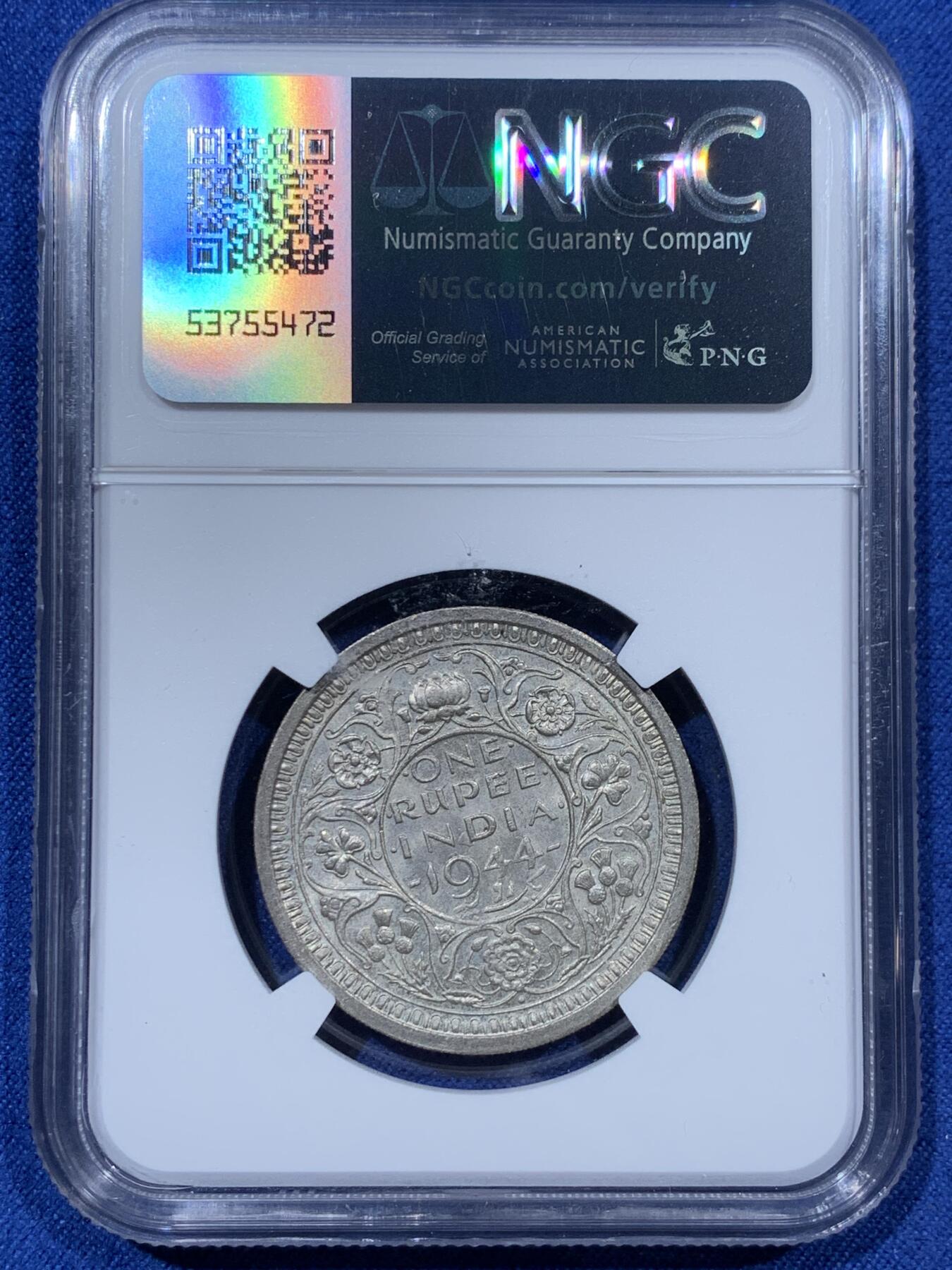 《竞宝斋》第341场 周日，周一，2场连拍 （全场包邮） NGC MS63 英属印度1944年1卢比银币B版 乔治六世 原光卷拆好品 不错的分数