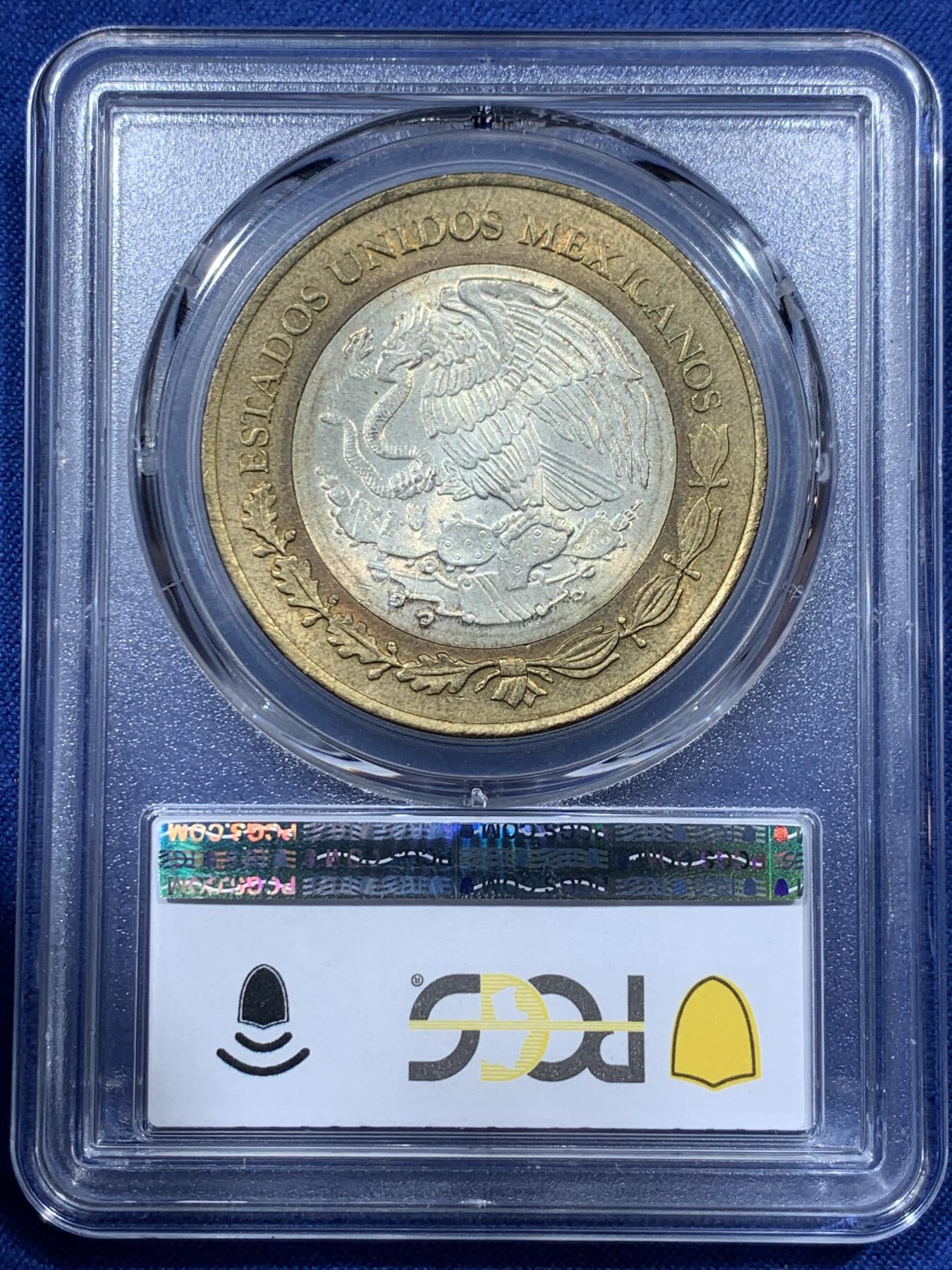 《竞宝斋》第341场 周日，周一，2场连拍 （全场包邮） PCGS MS65 1993墨西哥鹰洋50比索纪念银币，儿童影响纪念，铜银双色币，银芯925高银，大尺寸硬币！
