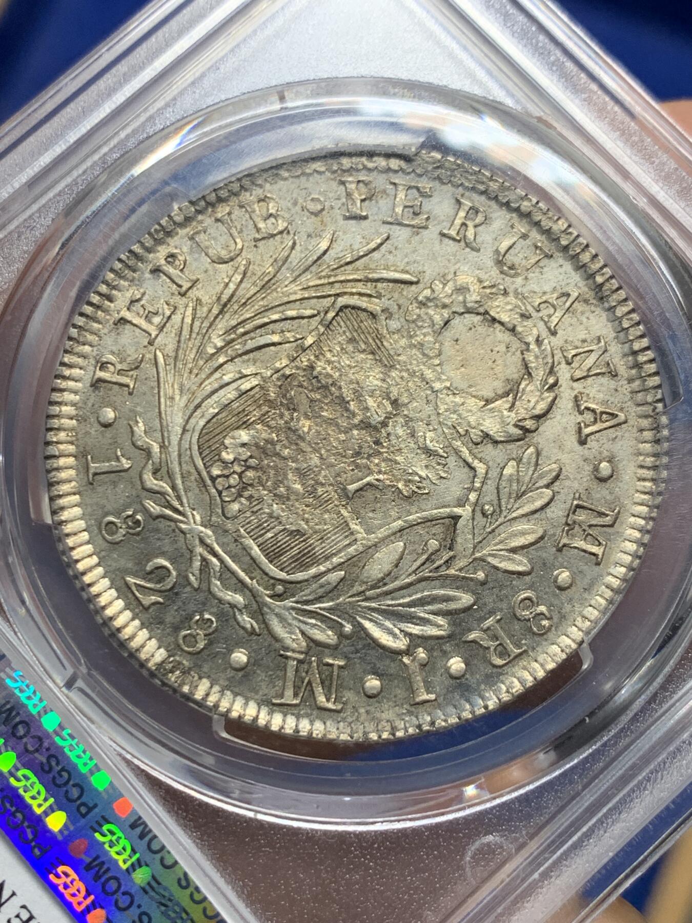 《竞宝斋》第341场 周日，周一，2场连拍 （全场包邮） PCGS AUD 秘鲁1828费迪南德七世8雷亚尔银币