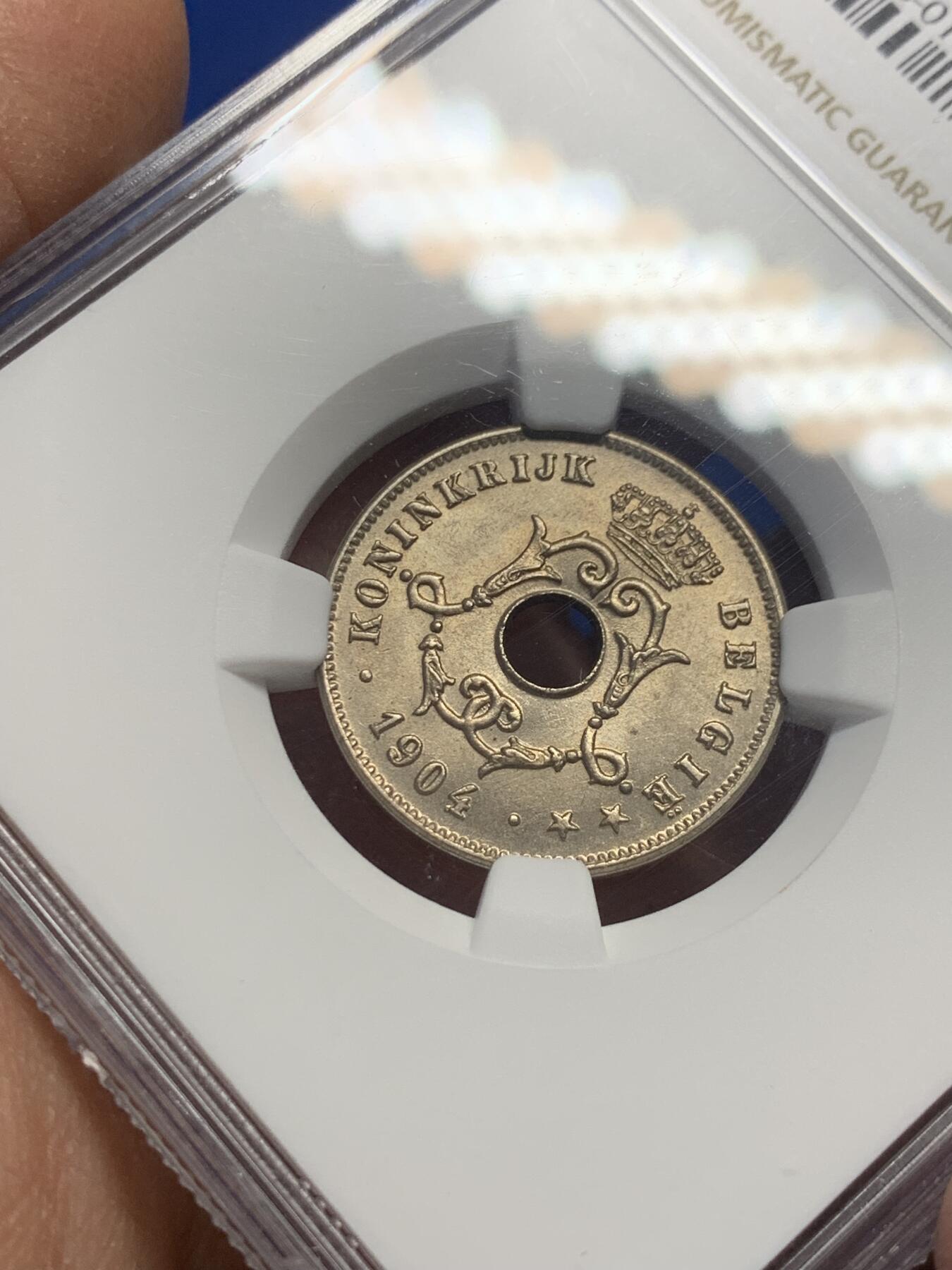 《竞宝斋》第341场 周日，周一，2场连拍 （全场包邮） NGC MS62 比利时1904年弗莱芒语10分白铜币少见品种