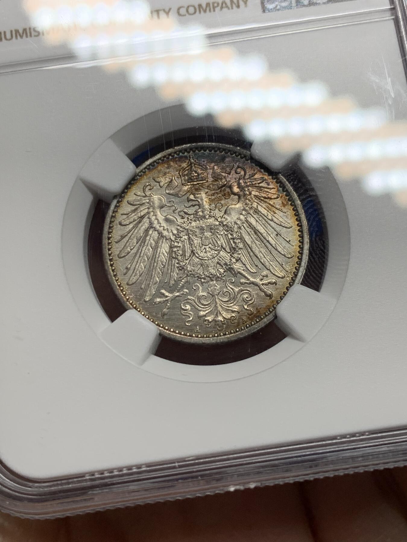 《竞宝斋》第341场 周日，周一，2场连拍 （全场包邮） NGC MS62 德国1915年1马克银币，双面淡彩