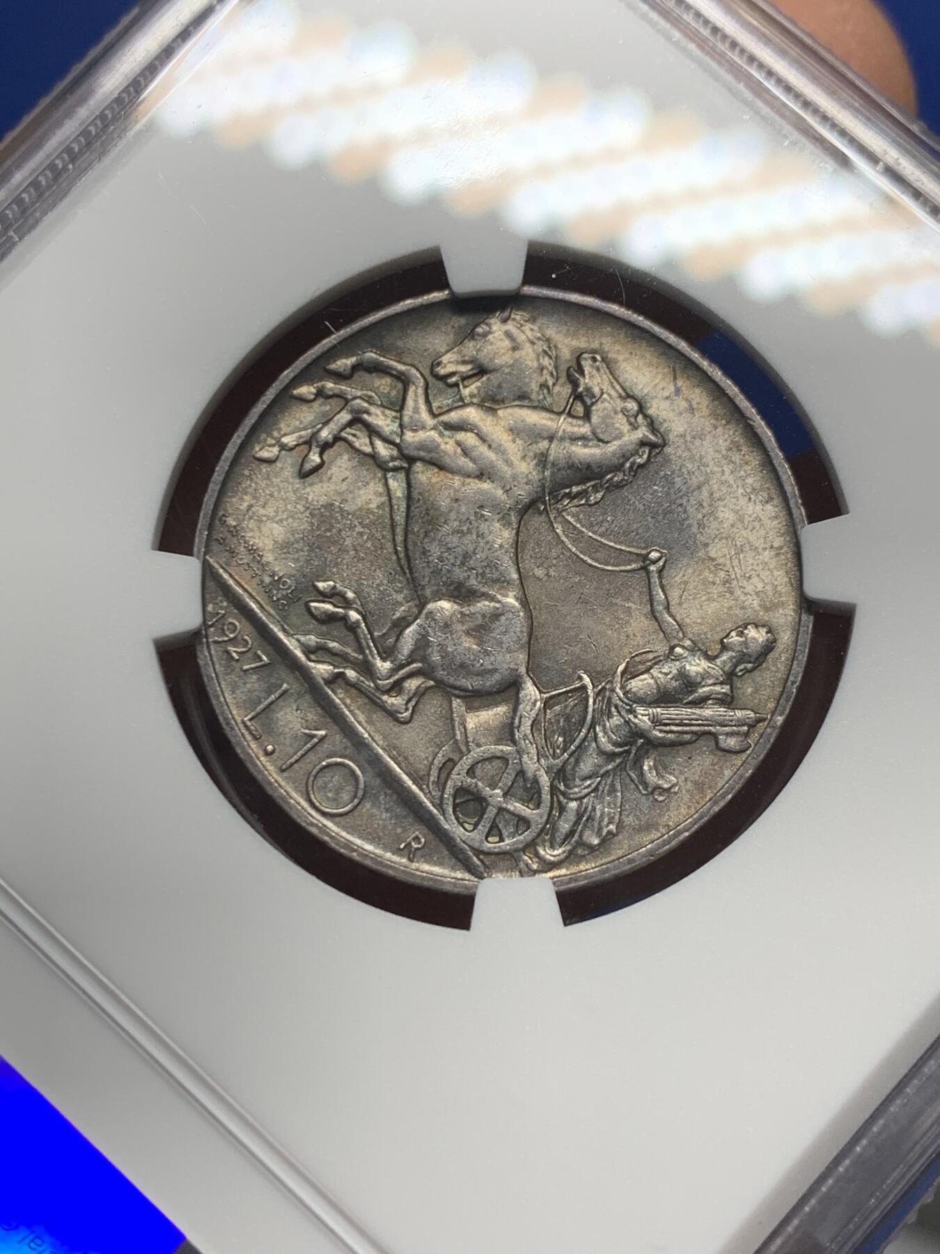 《竞宝斋》第341场 周日，周一，2场连拍 （全场包邮） NGC MS63 意大利1927年埃马努埃莱三世马车10里拉银币 经典品种 好品少见 极为养眼的欧陆五彩老包浆