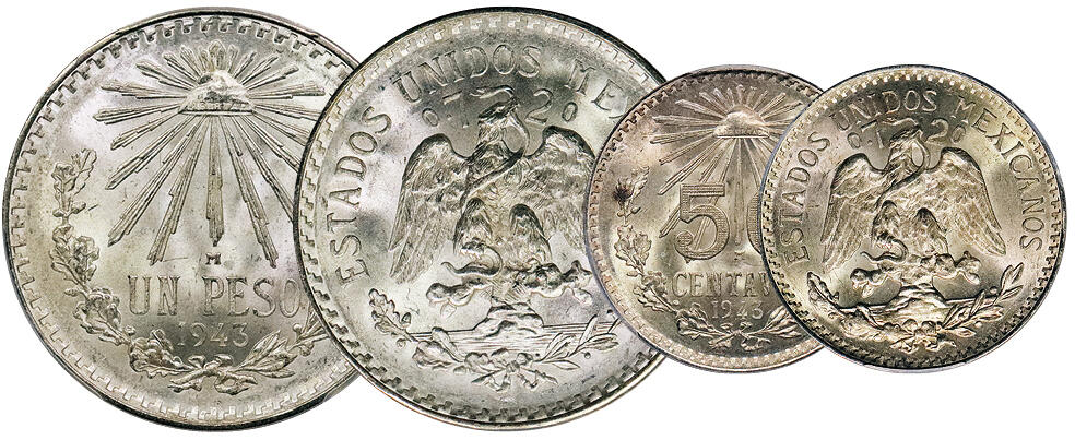 北京阿城哥拍卖2024年秋季拍卖会 1943墨西哥鹰洋一比索银币/1943墨西哥鹰洋50C银币2枚一组，原光深打PCGS MS66