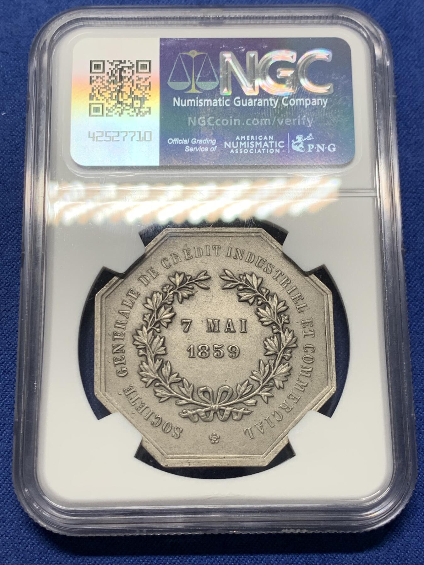 《竞宝斋》第341场 周日，周一，2场连拍 （全场包邮） NGC MS64MATTE 法国工商业信贷公司磨砂版八角银质代币