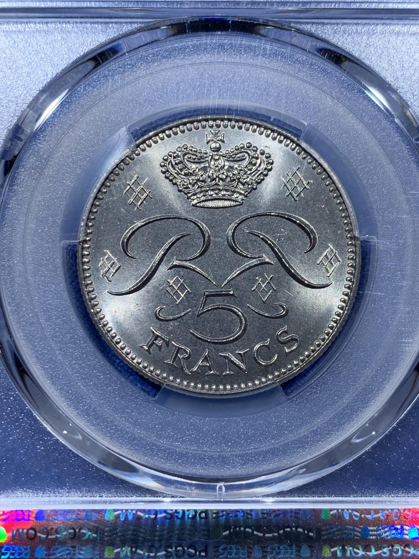 《竞宝斋》第341场 周日，周一，2场连拍 （全场包邮） PCGS MS66 摩纳哥1977年5法郎，发行量仅78.2万的流通币，高分品相难得
