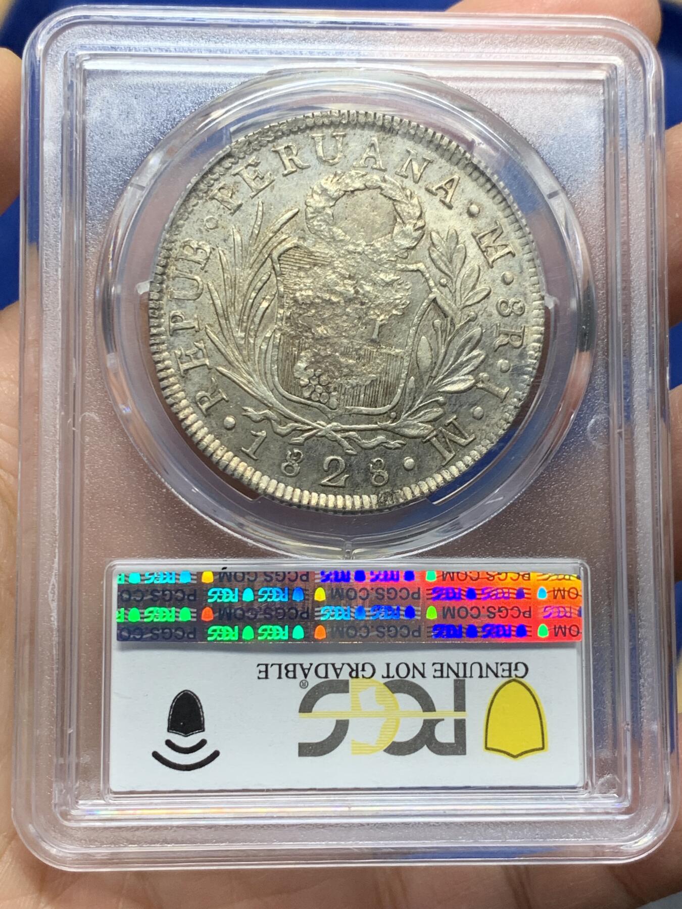 《竞宝斋》第341场 周日，周一，2场连拍 （全场包邮） PCGS AUD 秘鲁1828费迪南德七世8雷亚尔银币