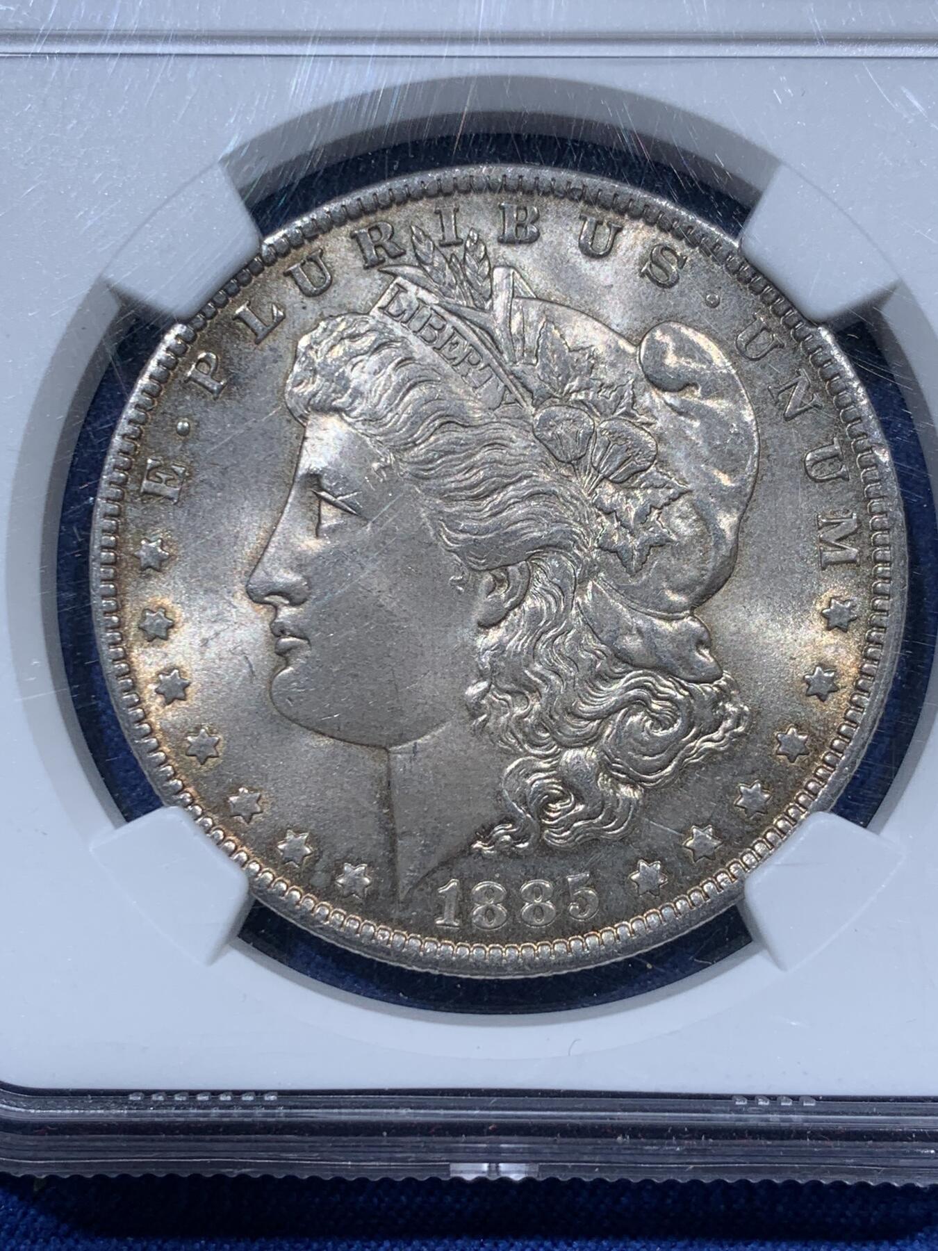 《竞宝斋》第341场 周日，周一，2场连拍 （全场包邮） NGC MS64 美国 1885年 1美元 摩根 银币 漂亮环彩包浆
