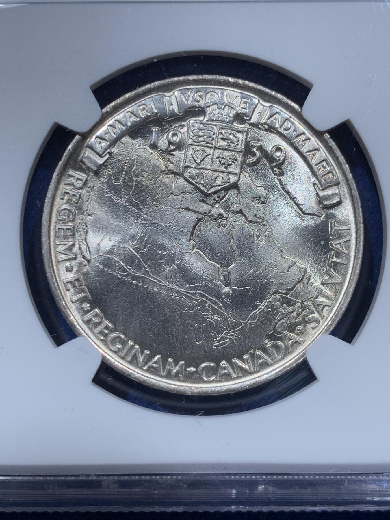 《竞宝斋》第341场 周日，周一，2场连拍 （全场包邮） NGC MS65 加拿大1939年英国乔治六世访问银章，超级强光