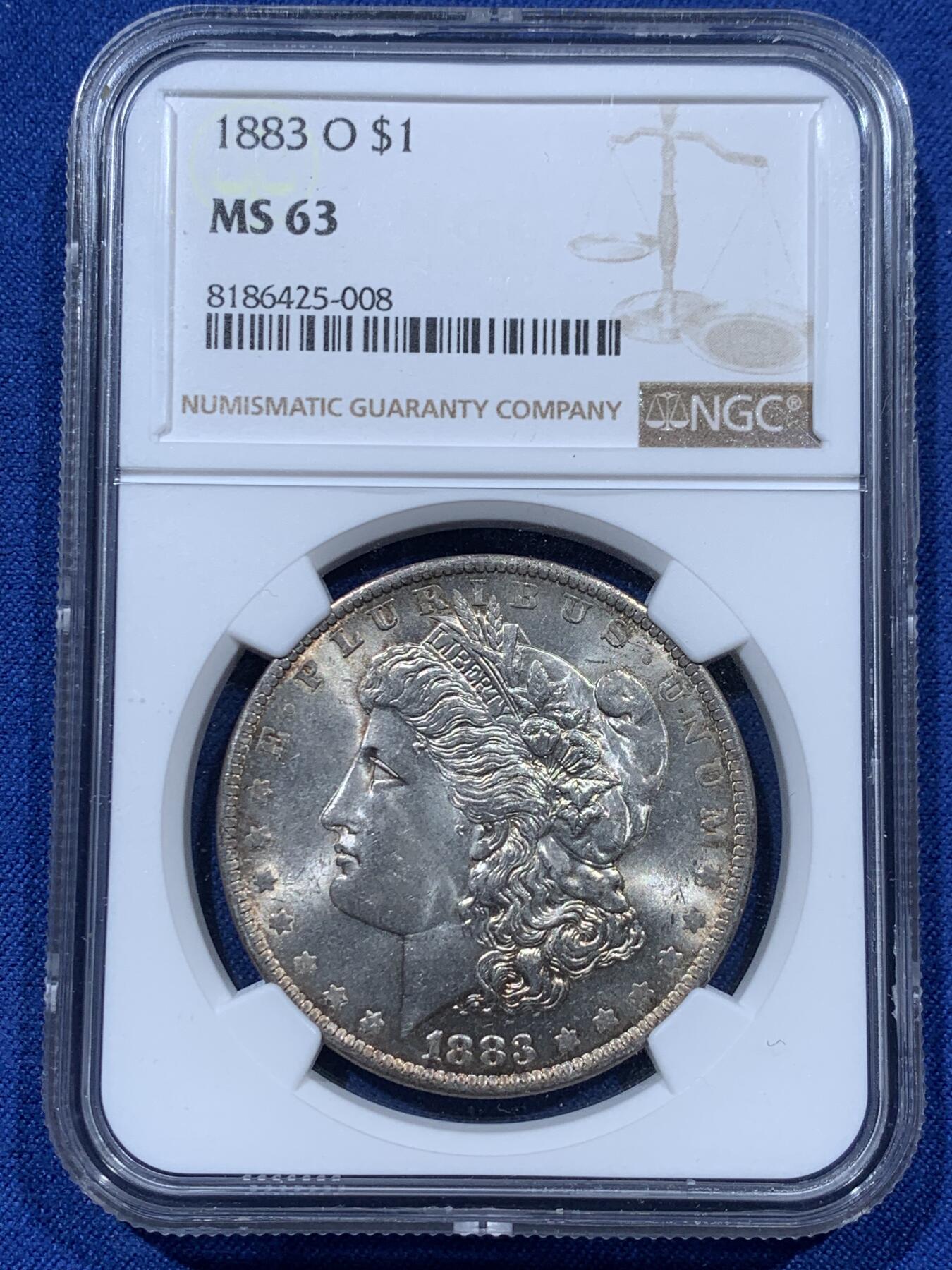 《竞宝斋》第341场 周日，周一，2场连拍 （全场包邮） NGC MS63 美国 1883年摩根银币 带漂亮彩，光度很好，女神发丝清晰