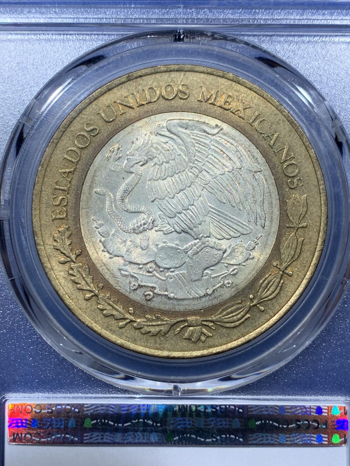 《竞宝斋》第341场 周日，周一，2场连拍 （全场包邮） PCGS MS65 1993墨西哥鹰洋50比索纪念银币，儿童影响纪念，铜银双色币，银芯925高银，大尺寸硬币！