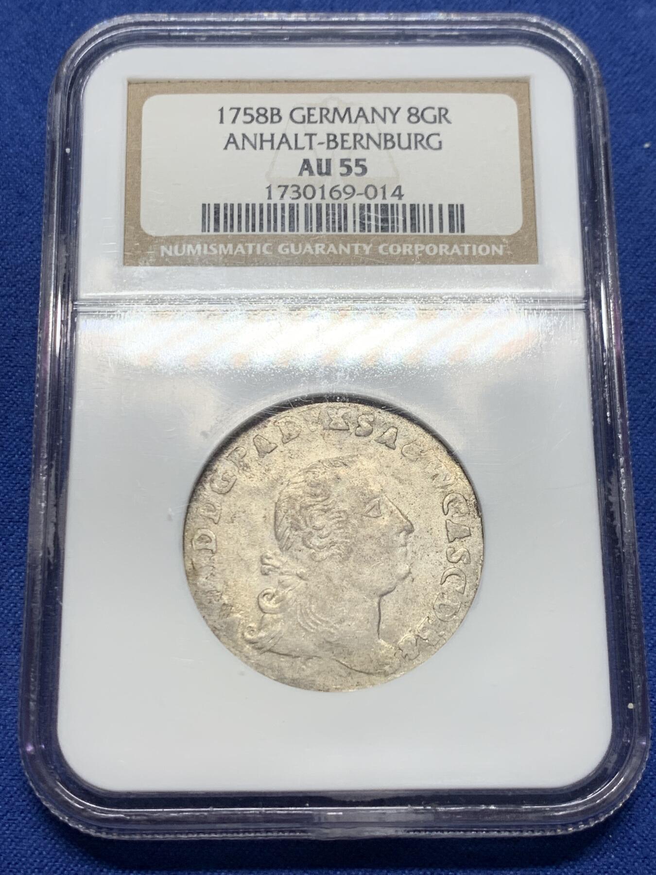 《竞宝斋》第341场 周日，周一，2场连拍 （全场包邮） NGC AU55 德国1758年安哈特8格鲁申
