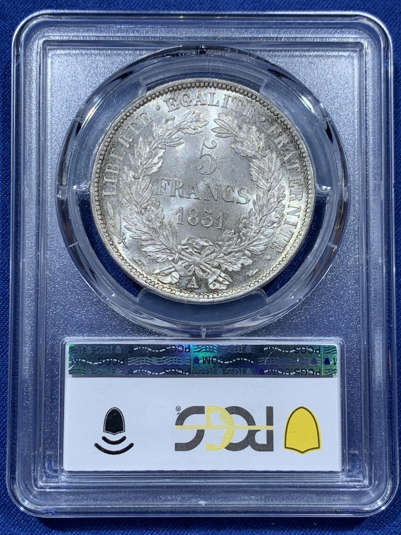 《竞宝斋》第341场 周日，周一，2场连拍 （全场包邮） PCGS MS64 法国 法兰西第二共和国1851年谷物女神5法郎 底板很好，可惜人像面包浆不佳，仅拿到64分