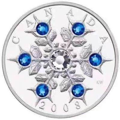 【币将精彩】世界钱币拍卖（2025-8-27） - 加拿大2008年蓝色雪花水晶镶嵌银币  面值20元 重量31.39克 直径38毫米 币面镶嵌施华洛世奇水晶元素，发行量15000枚，原盒证书。