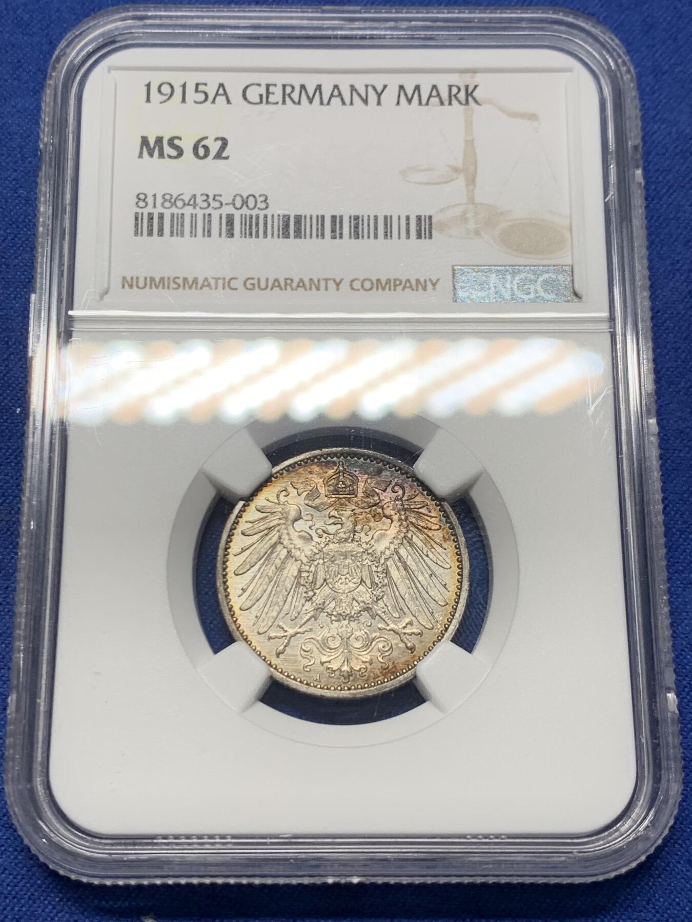 《竞宝斋》第341场 周日，周一，2场连拍 （全场包邮） NGC MS62 德国1915年1马克银币，双面淡彩