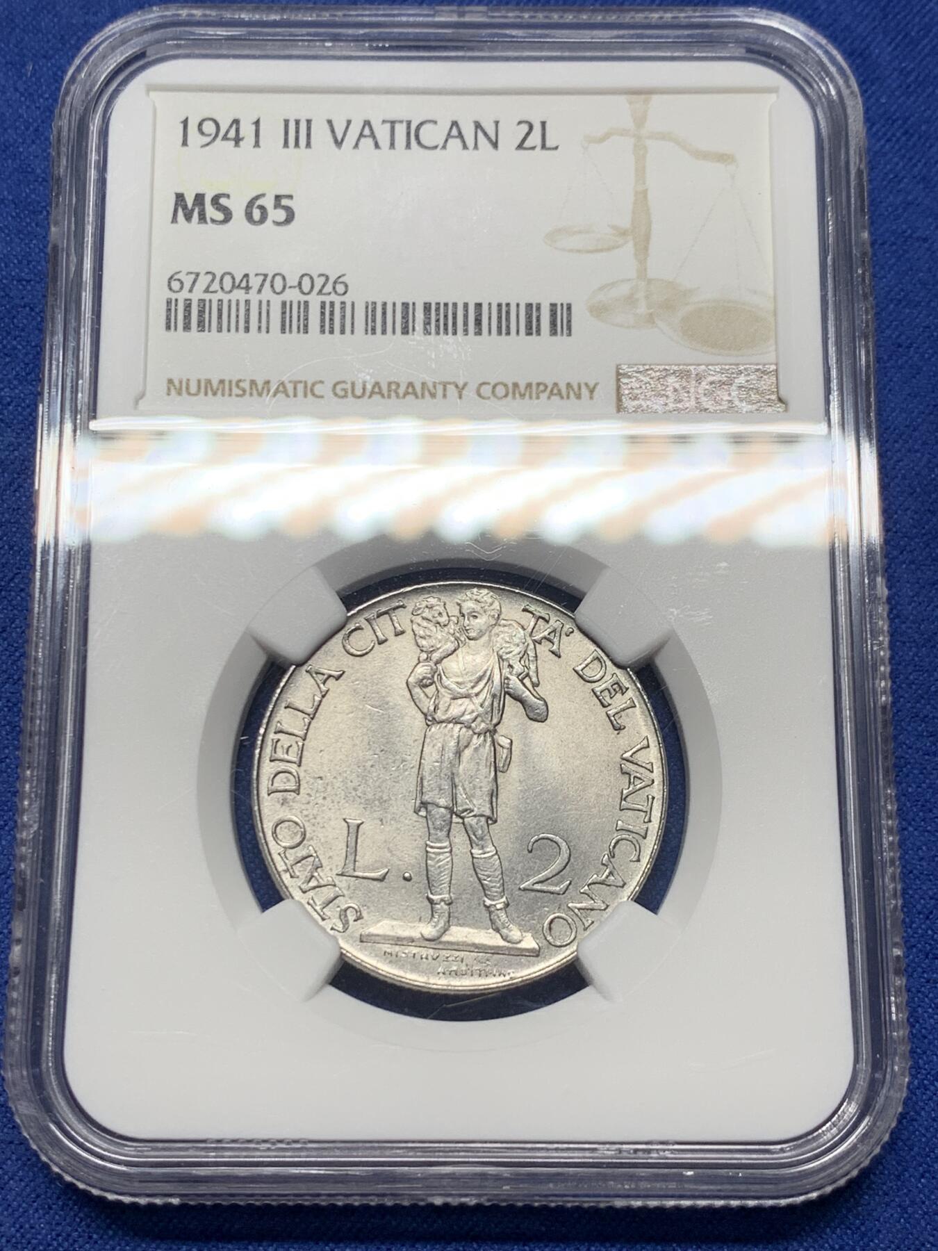 《竞宝斋》第341场 周日，周一，2场连拍 （全场包邮） NGC MS65 梵蒂冈1941年扛羊2里拉