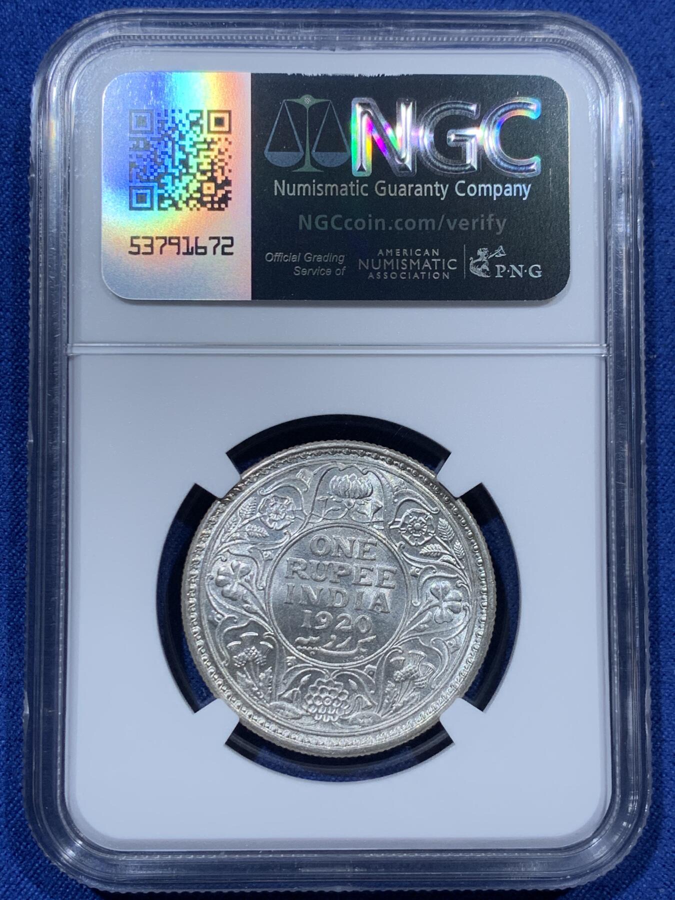 《竞宝斋》第341场 周日，周一，2场连拍 （全场包邮） NGC MS64 英属印度1920年1卢比银币C版 乔治五世 卢比能上64都不容易 值得收藏