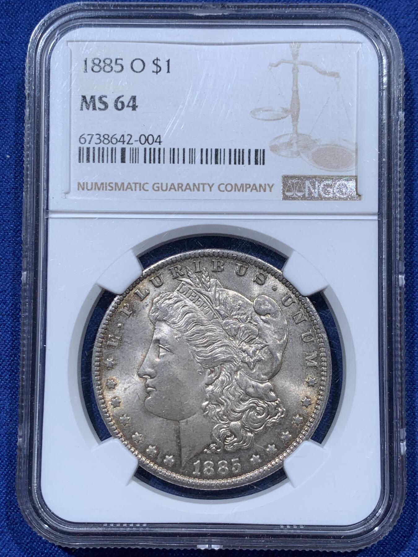 《竞宝斋》第341场 周日，周一，2场连拍 （全场包邮） NGC MS64 美国 1885年 1美元 摩根 银币 漂亮环彩包浆