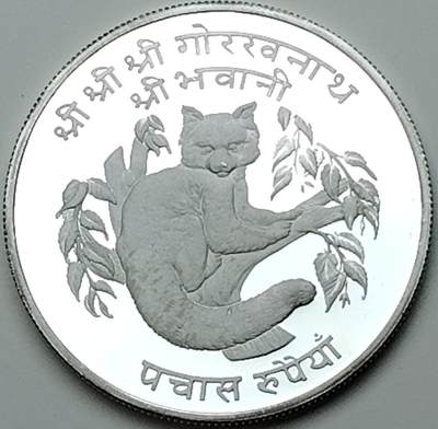 布加迪🐬～世界钱币(上海)🌾第 176 期 /  各国套币和散币 - 尼泊尔🇳🇵1974年 50卢比精致银币 42mm 红熊猫图案