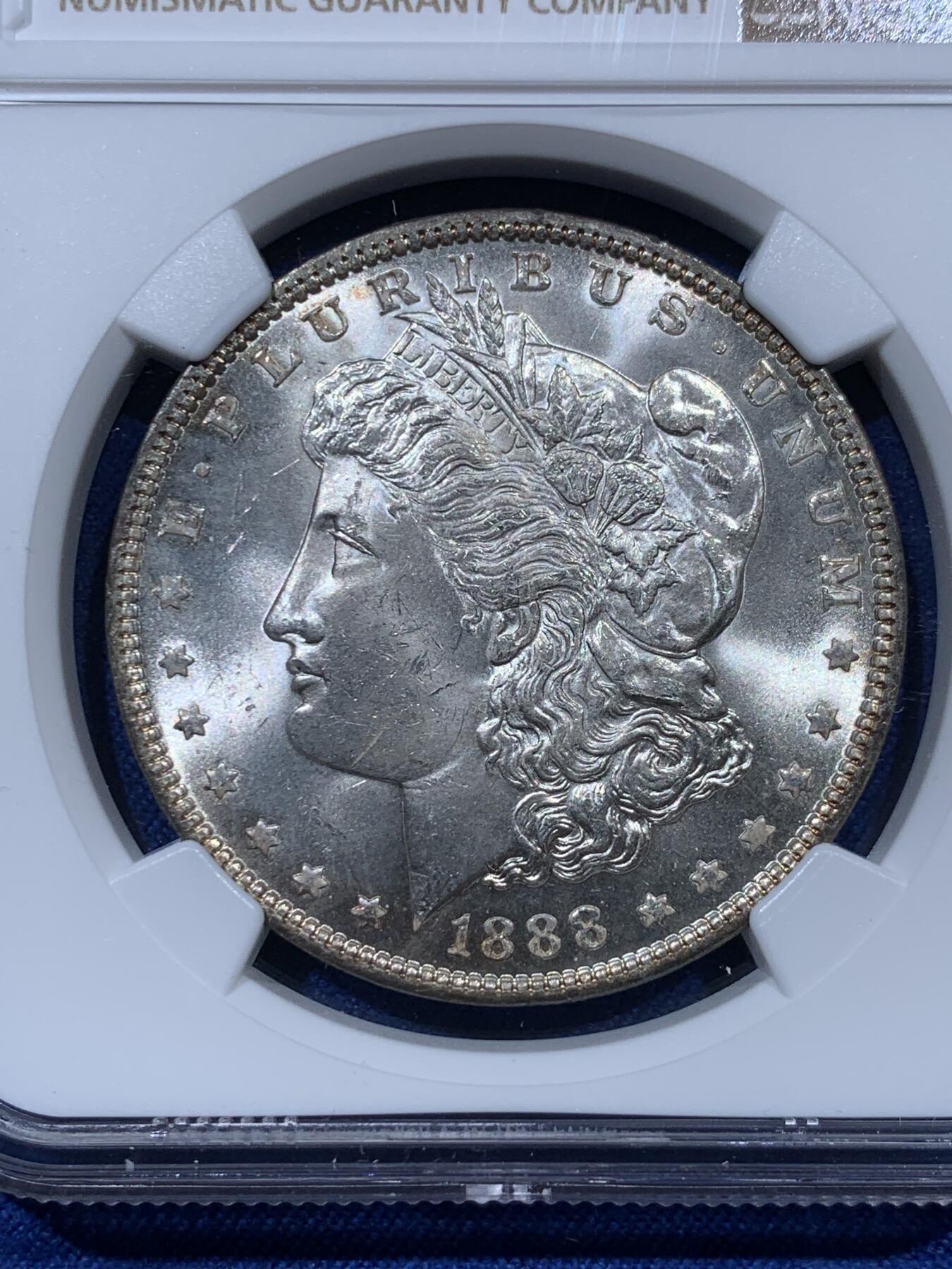 《竞宝斋》第341场 周日，周一，2场连拍 （全场包邮） NGC MS62 美国1888元摩根1美元银币，拆卷光度极佳，23年底上海评