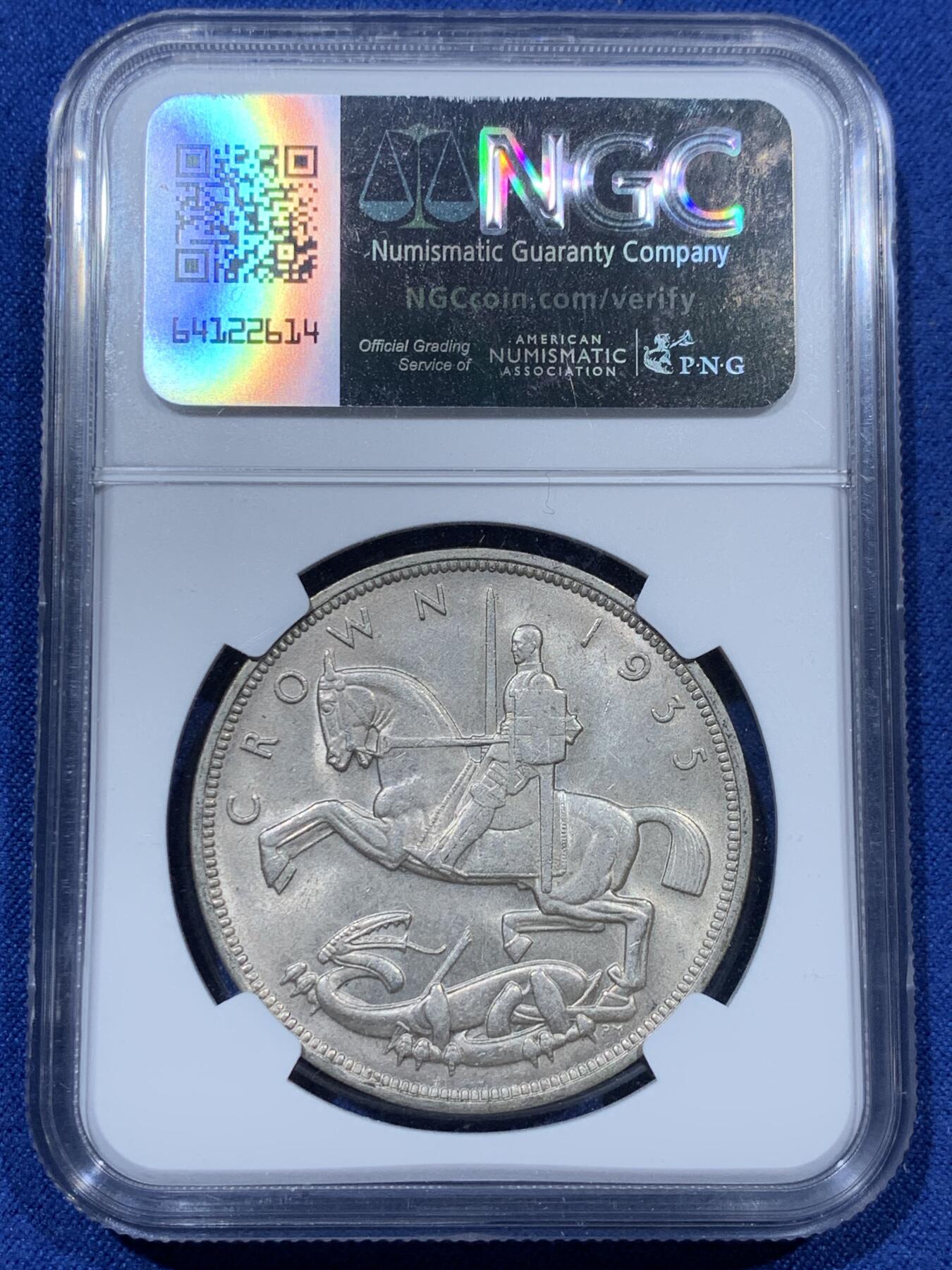 《竞宝斋》第341场 周日，周一，2场连拍 （全场包邮） NGC MS63 英国1935年乔治五世克朗大银币，原光好品