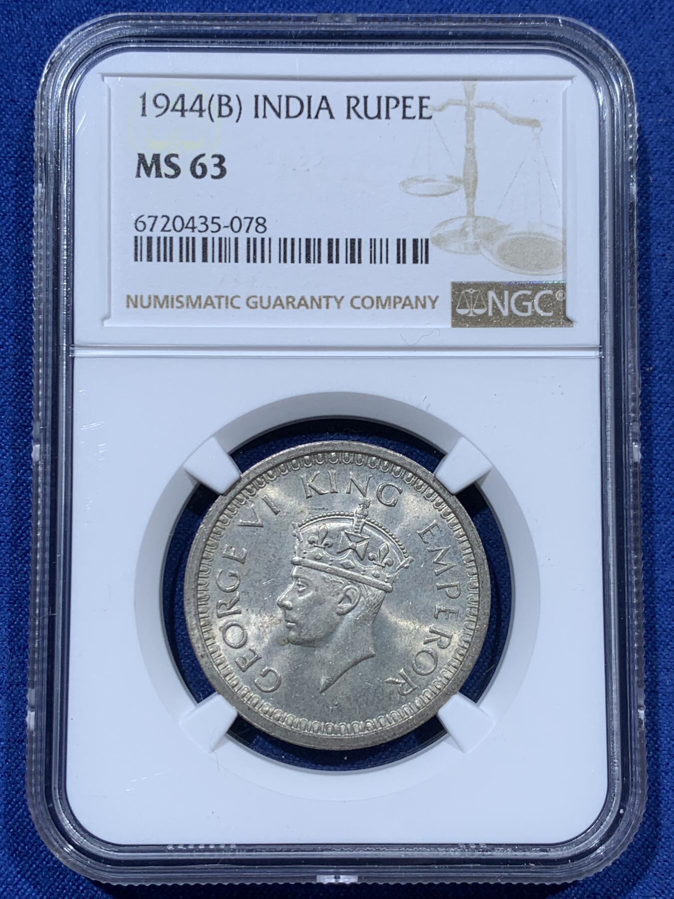 《竞宝斋》第341场 周日，周一，2场连拍 （全场包邮） NGC MS63 英属印度1944年1卢比银币B版 乔治六世 原光卷拆好品 不错的分数