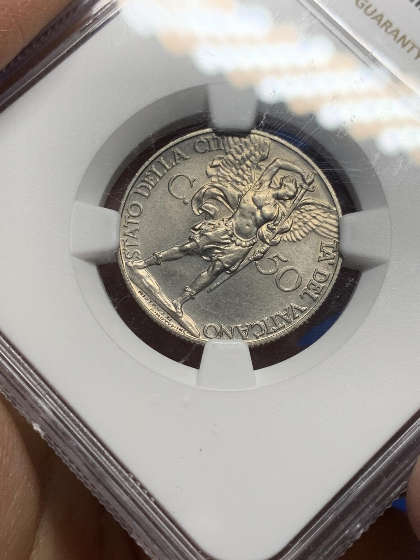 《竞宝斋》第341场 周日，周一，2场连拍 （全场包邮） NGC MS64 梵蒂冈1933-1934年50分镍币，大天使米迦勒拔剑图案