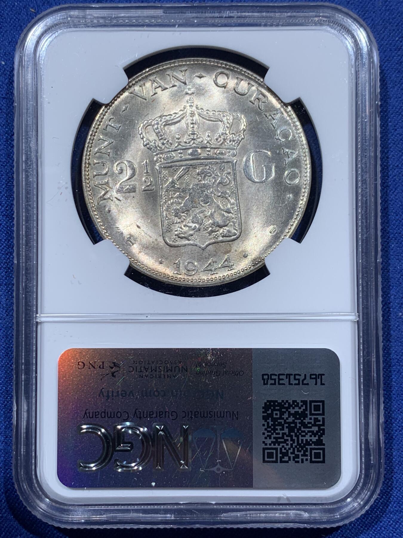 《竞宝斋》第341场 周日，周一，2场连拍 （全场包邮） NGC MS64 荷属库拉索1944年2.5盾银币 卷拆转光品
