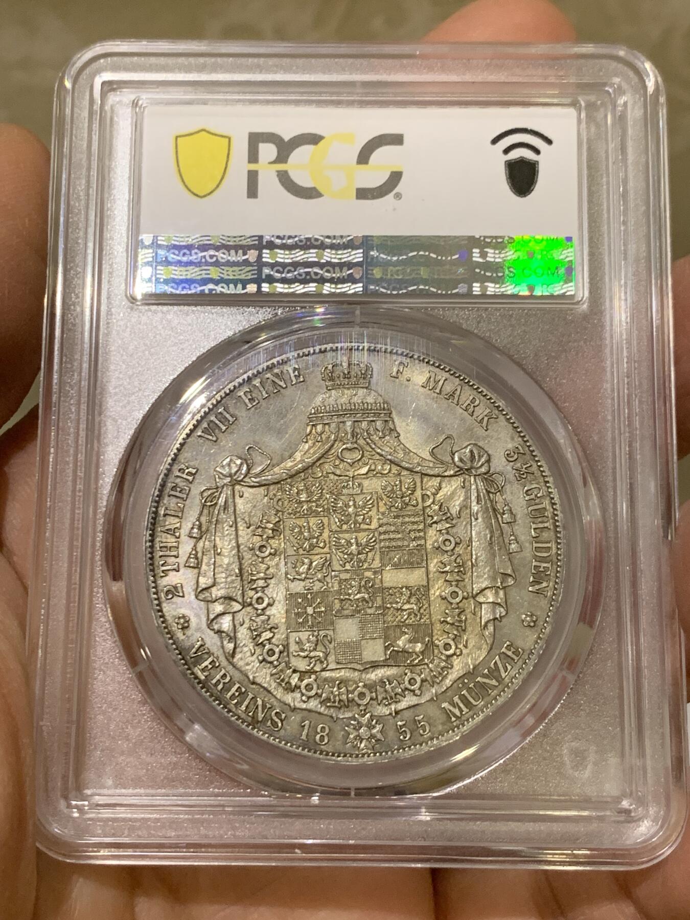 《竞宝斋》第341场 周日，周一，2场连拍 （全场包邮） PCGS MS62 德国1855普鲁士 洋葱头 2泰勒大窗帘银币 底板光洁 打制深俊 同分中的战斗机