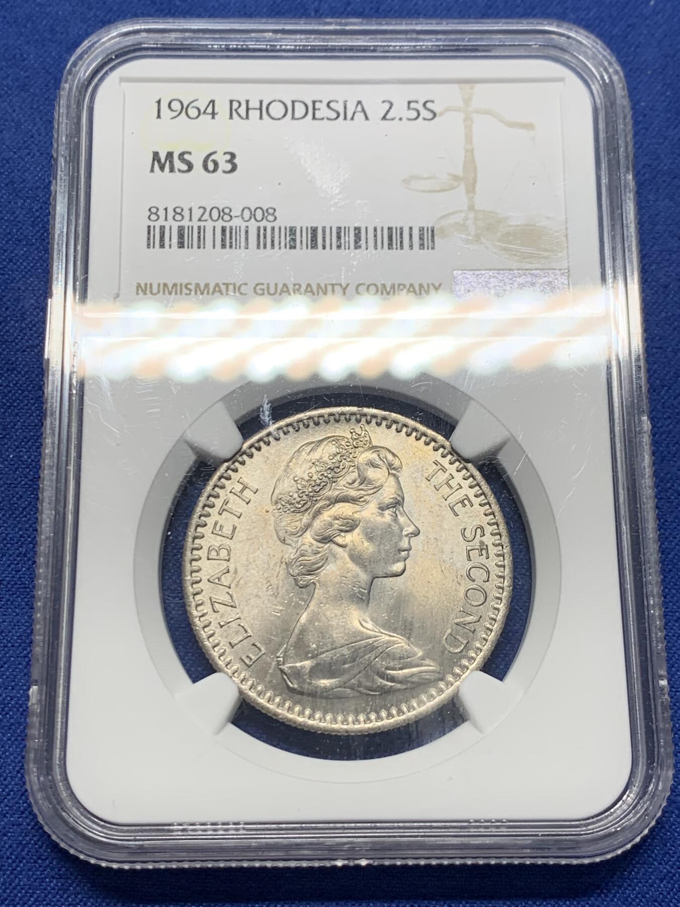 《竞宝斋》第341场 周日，周一，2场连拍 （全场包邮） NGC MS63 罗德西亚1964年2先令6便士-25分少见双面值 该版最大面值 BU美品