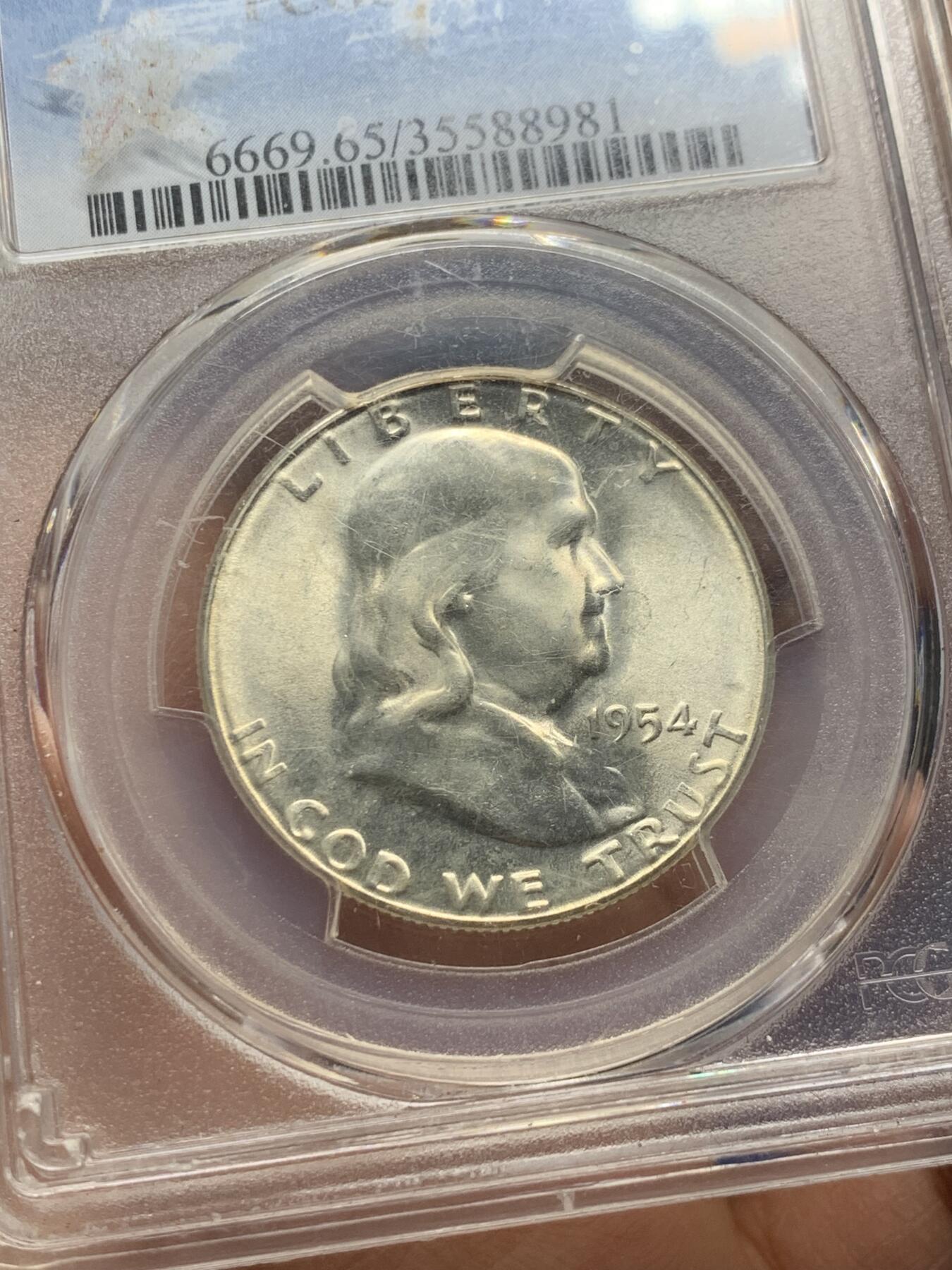 《竞宝斋》第341场 周日，周一，2场连拍 （全场包邮） PCGS MS64 美国1954年富兰克林半美元 细节见图
