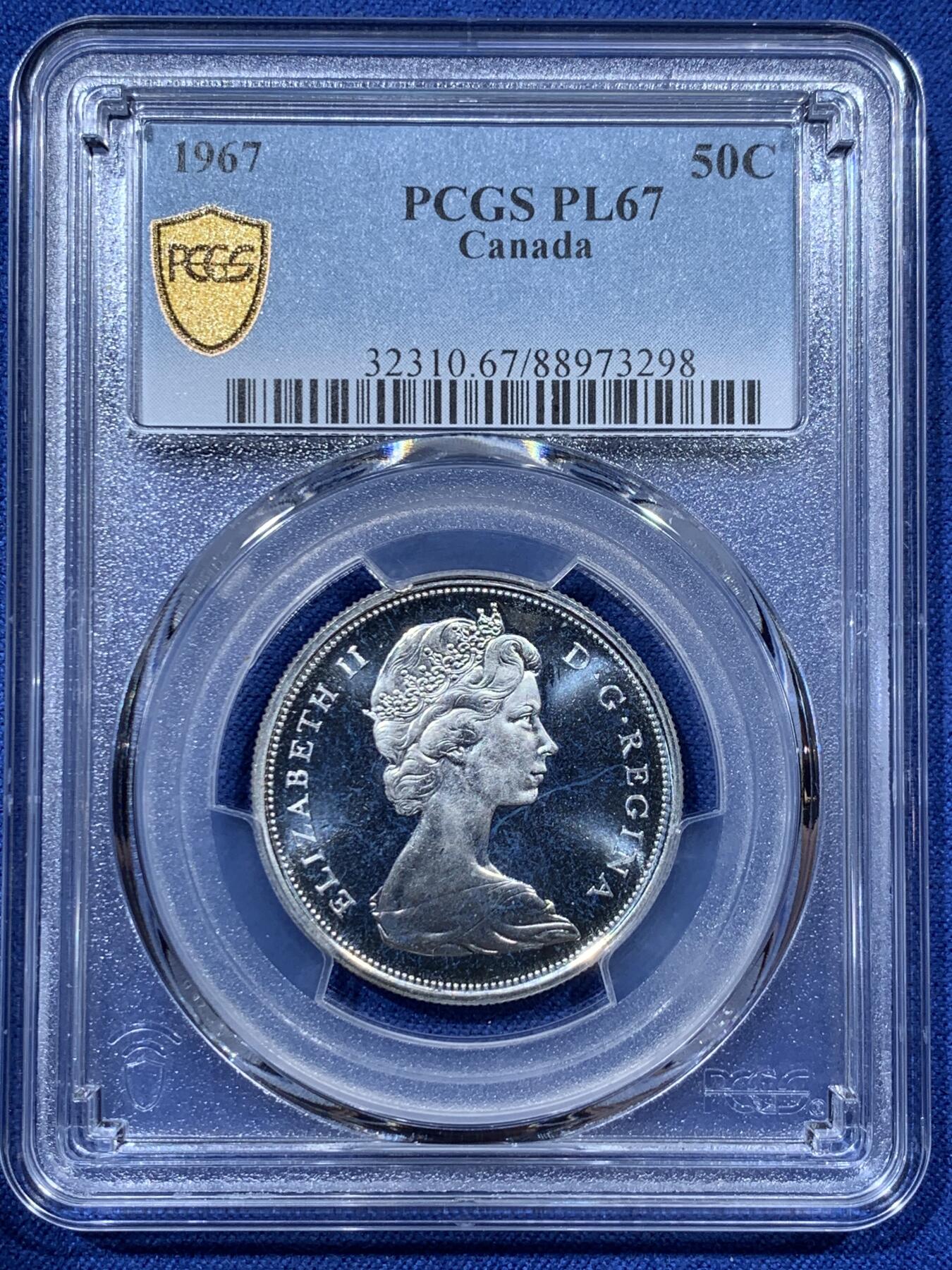 《竞宝斋》第341场 周日，周一，2场连拍 （全场包邮） PCGS PL67 加拿大1967年50分银币，高分好品，亚军分！