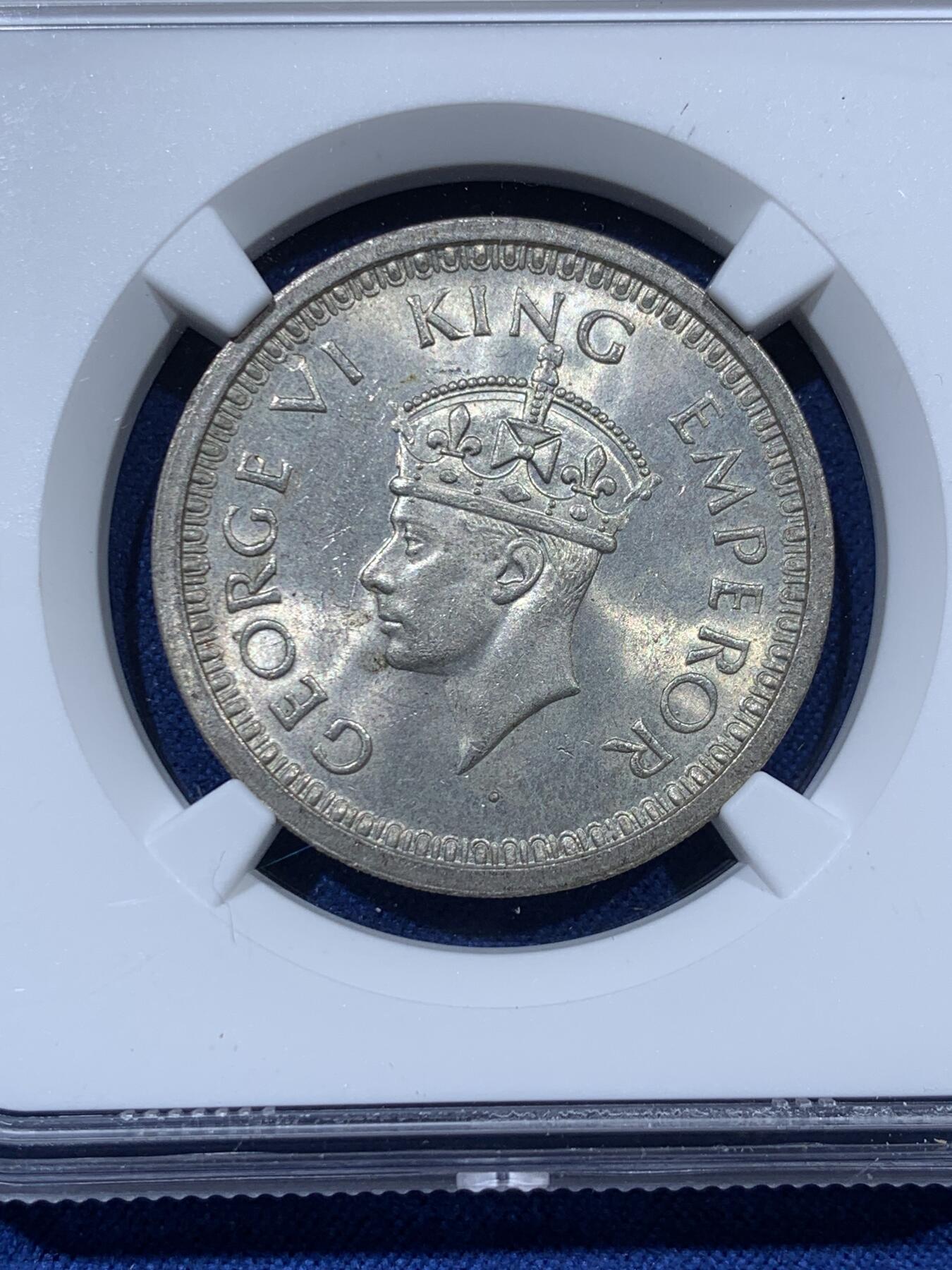 《竞宝斋》第341场 周日，周一，2场连拍 （全场包邮） NGC MS63 英属印度1944年1卢比银币B版 乔治六世 原光卷拆好品 不错的分数