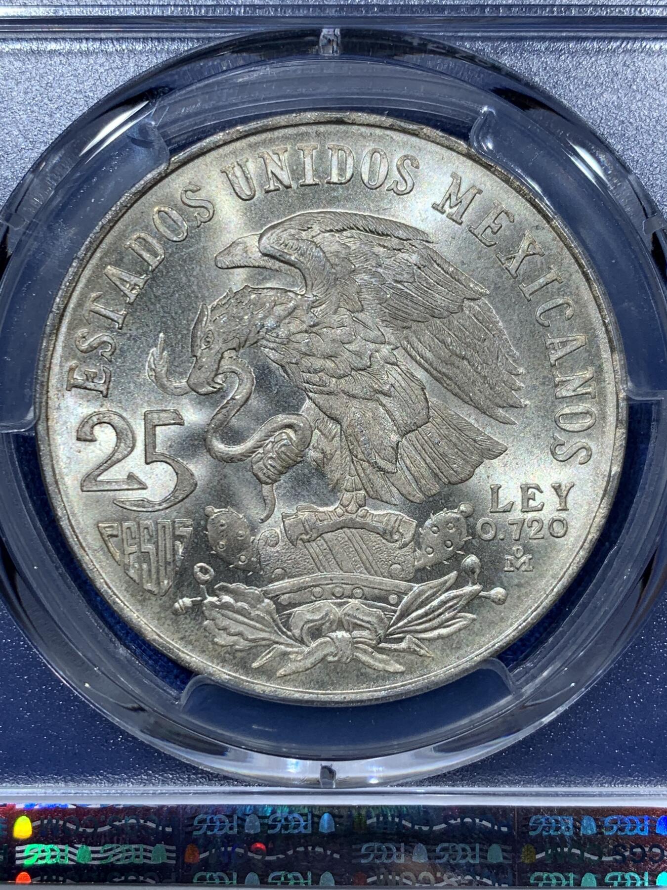 《竞宝斋》第341场 周日，周一，2场连拍 （全场包邮） PCGS MS66 1968墨西哥鹰洋25比索纪念银币，阿兹台克战士！