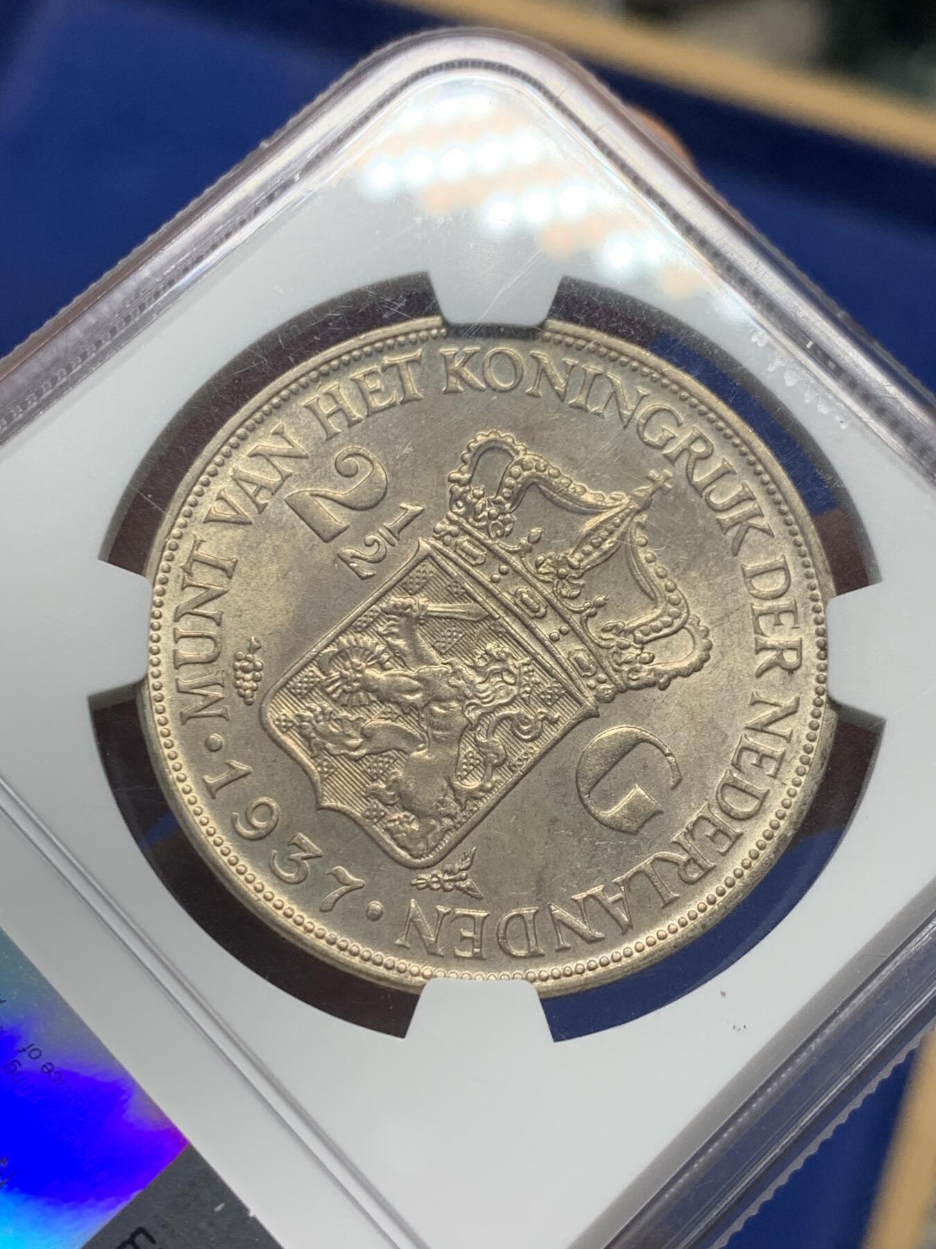 《竞宝斋》第341场 周日，周一，2场连拍 （全场包邮） NGC MS61 荷兰 1937年 2.5荷兰盾 威廉敏娜 银币 欧洲灰色包浆