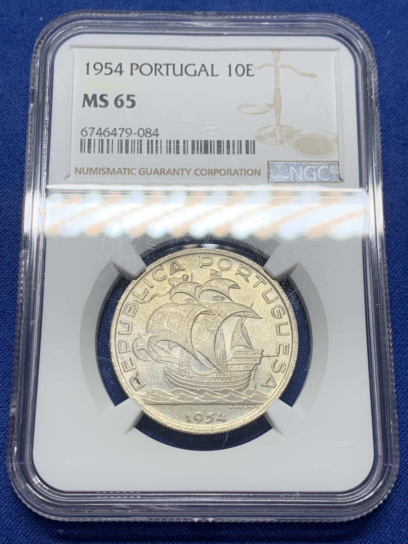 《竞宝斋》第341场 周日，周一，2场连拍 （全场包邮） NGC MS65 葡萄牙 1954年 10埃斯库多 大帆船 银币 高分高性价比