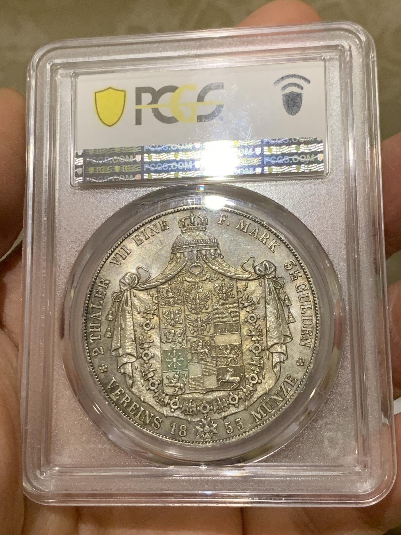 《竞宝斋》第341场 周日，周一，2场连拍 （全场包邮） PCGS MS62 德国1855普鲁士 洋葱头 2泰勒大窗帘银币 底板光洁 打制深俊 同分中的战斗机