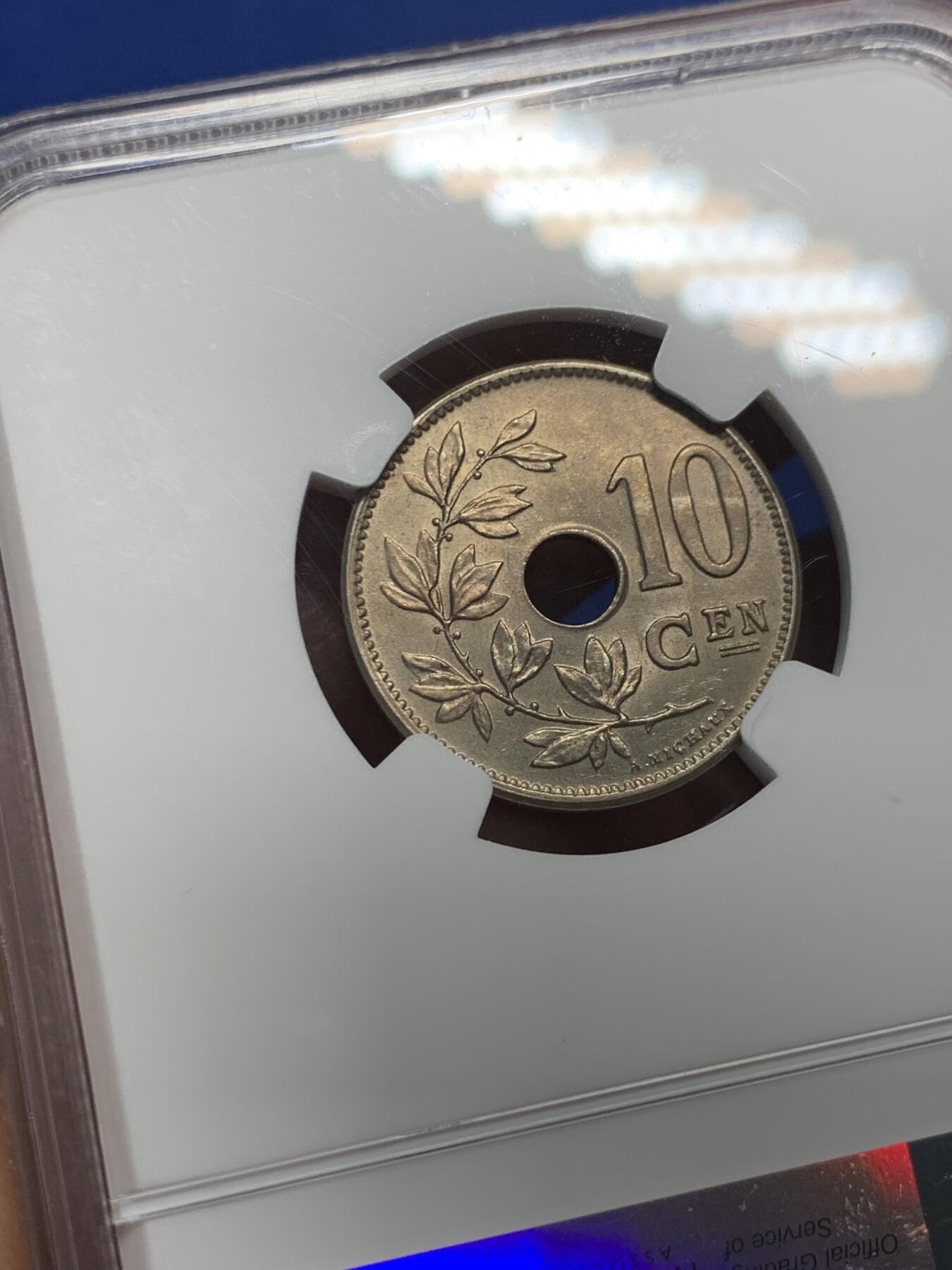 《竞宝斋》第341场 周日，周一，2场连拍 （全场包邮） NGC MS62 比利时1904年弗莱芒语10分白铜币少见品种
