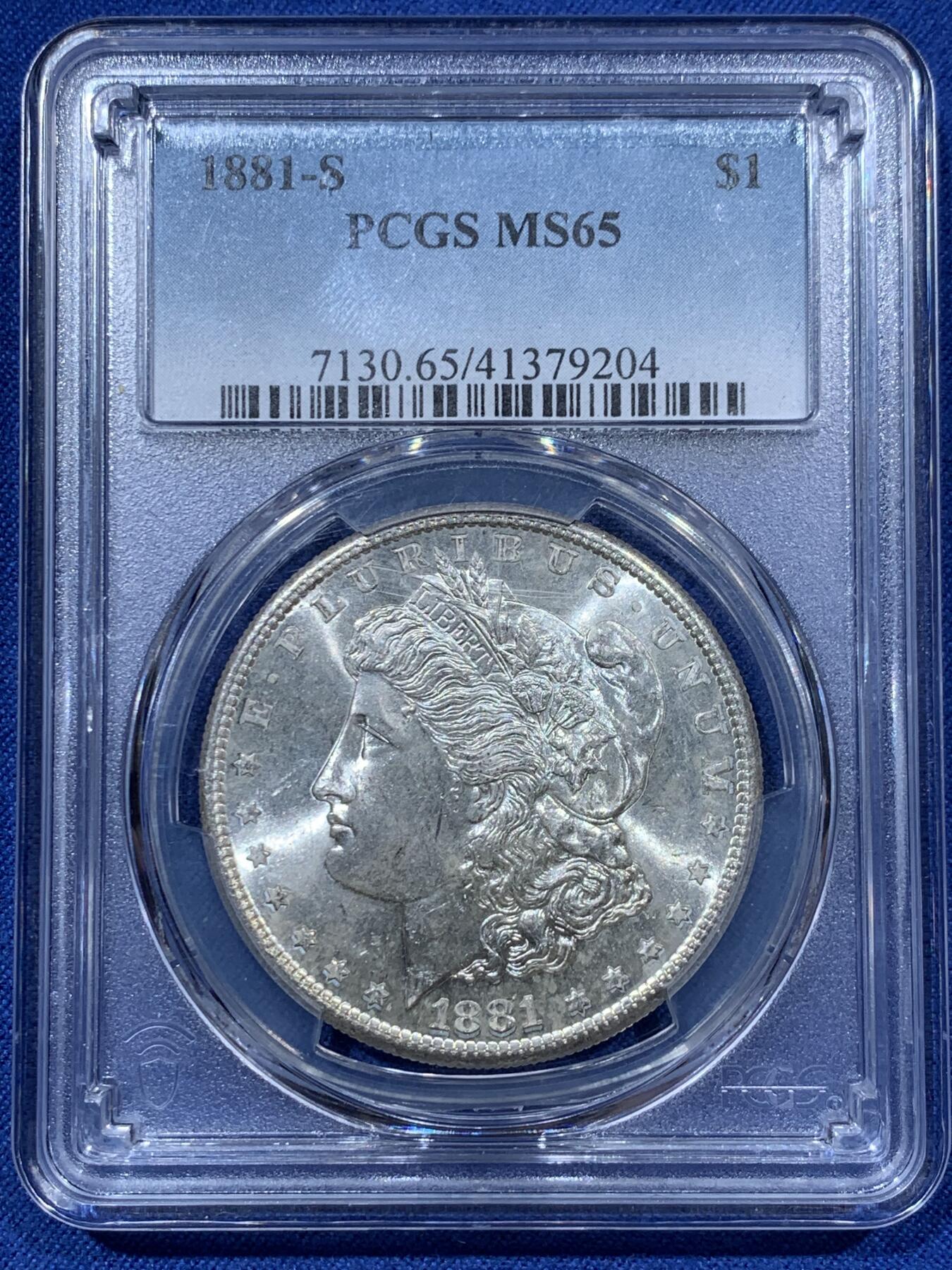 《竞宝斋》第341场 周日，周一，2场连拍 （全场包邮） PCGS MS65 美国1881-S摩根壹圆银币