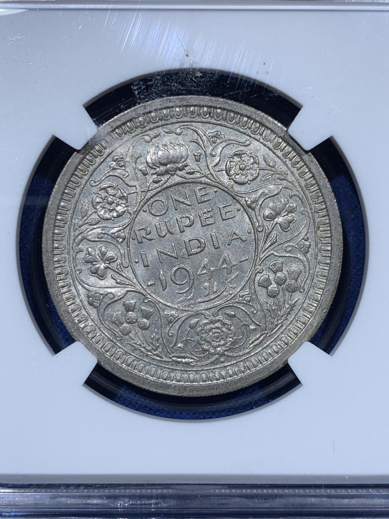 《竞宝斋》第341场 周日，周一，2场连拍 （全场包邮） NGC MS63 英属印度1944年1卢比银币B版 乔治六世 原光卷拆好品 不错的分数