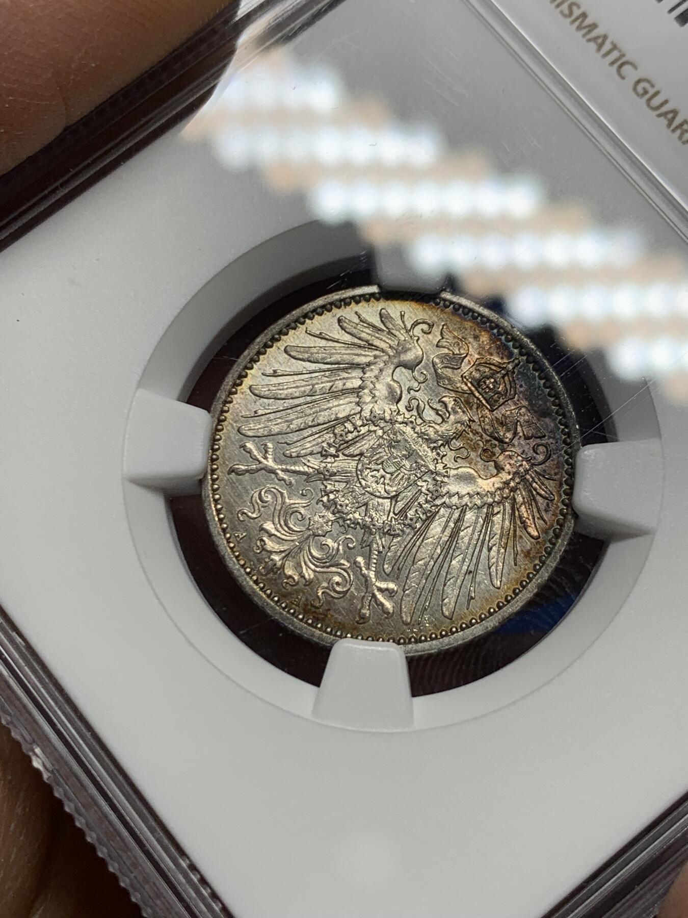 《竞宝斋》第341场 周日，周一，2场连拍 （全场包邮） NGC MS62 德国1915年1马克银币，双面淡彩