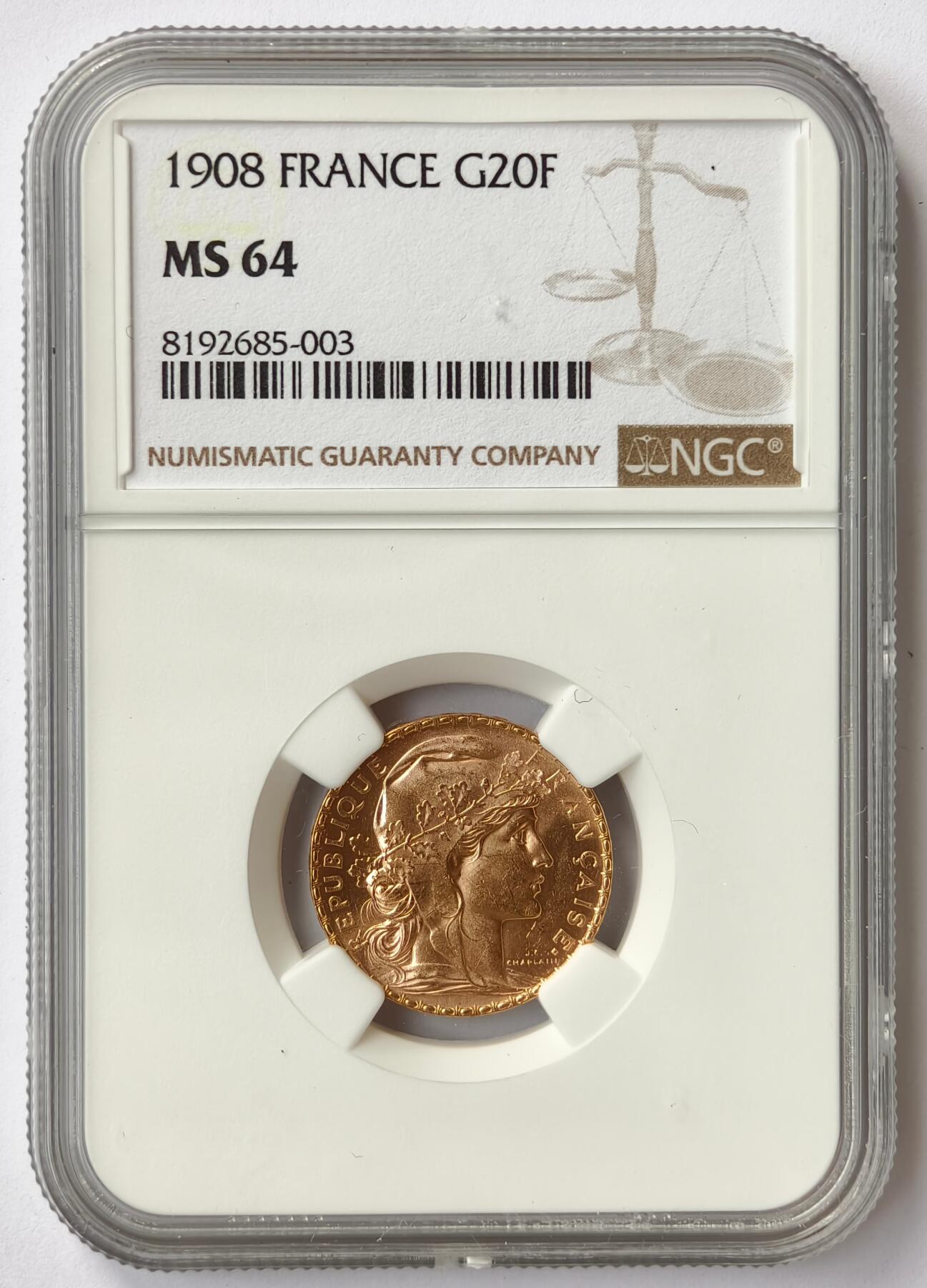 紫瑗钱币——第492期 法国 1908年 玛丽安娜 公鸡  20法郎 6.45克 0.9金  NGC MS64