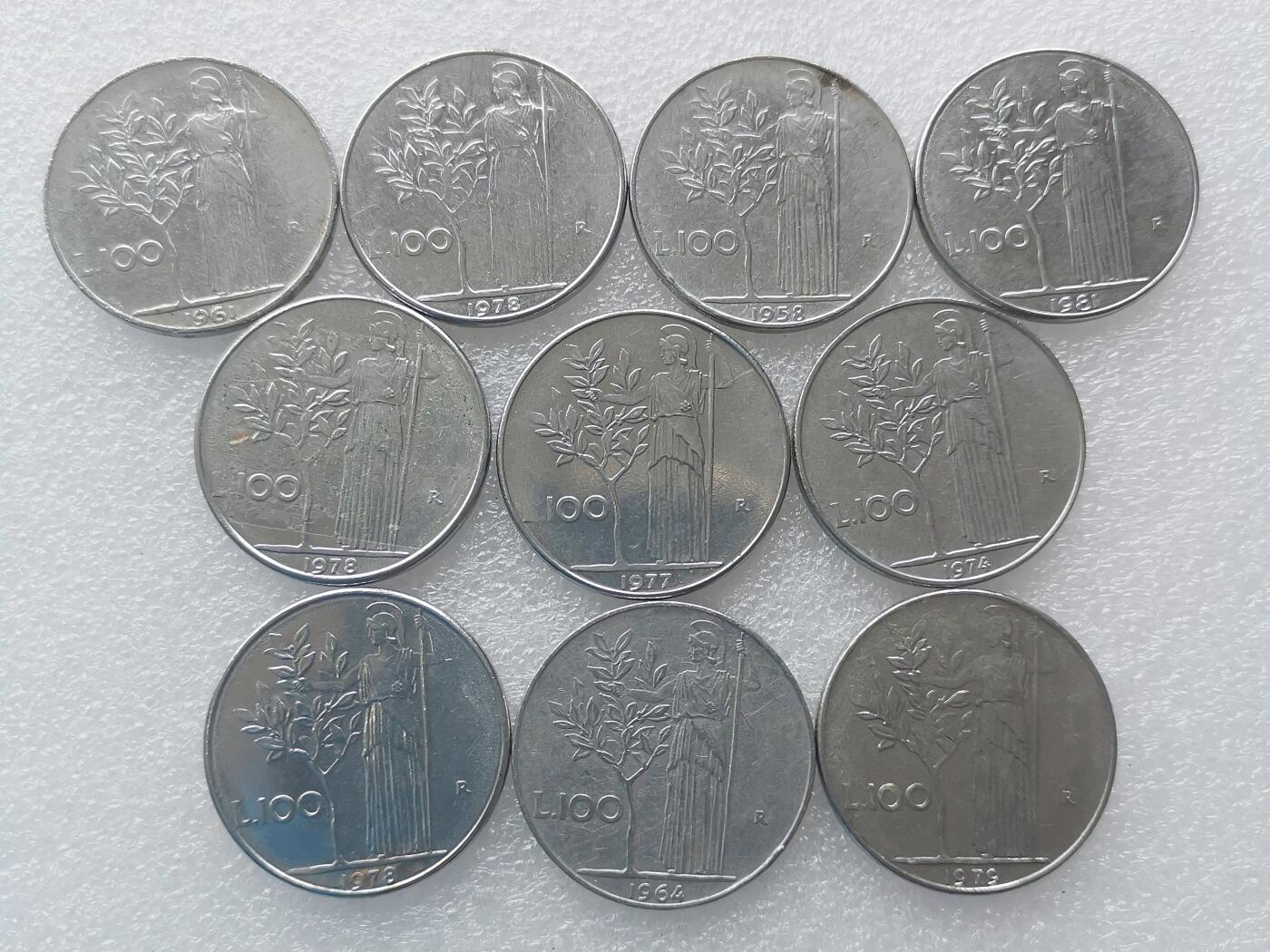 第一海外回流一元起拍收藏 散集专场. 第156期 意大利100里拉不锈钢硬币 10枚