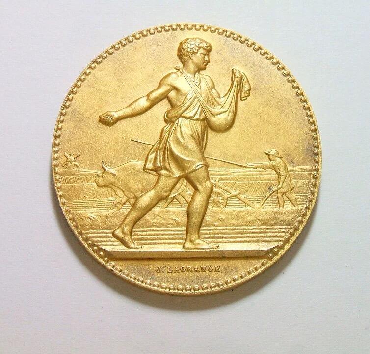 法国1933年 播种男神高浮雕精制大镀金银章 带原盒 40MM 37克