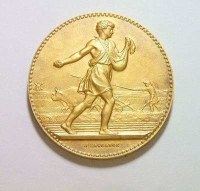 法国1933年 播种男神高浮雕精制大镀金银章 带原盒 40MM 37克 - 法国1933年 播种男神高浮雕精制大镀金银章 带原盒 40MM 37克